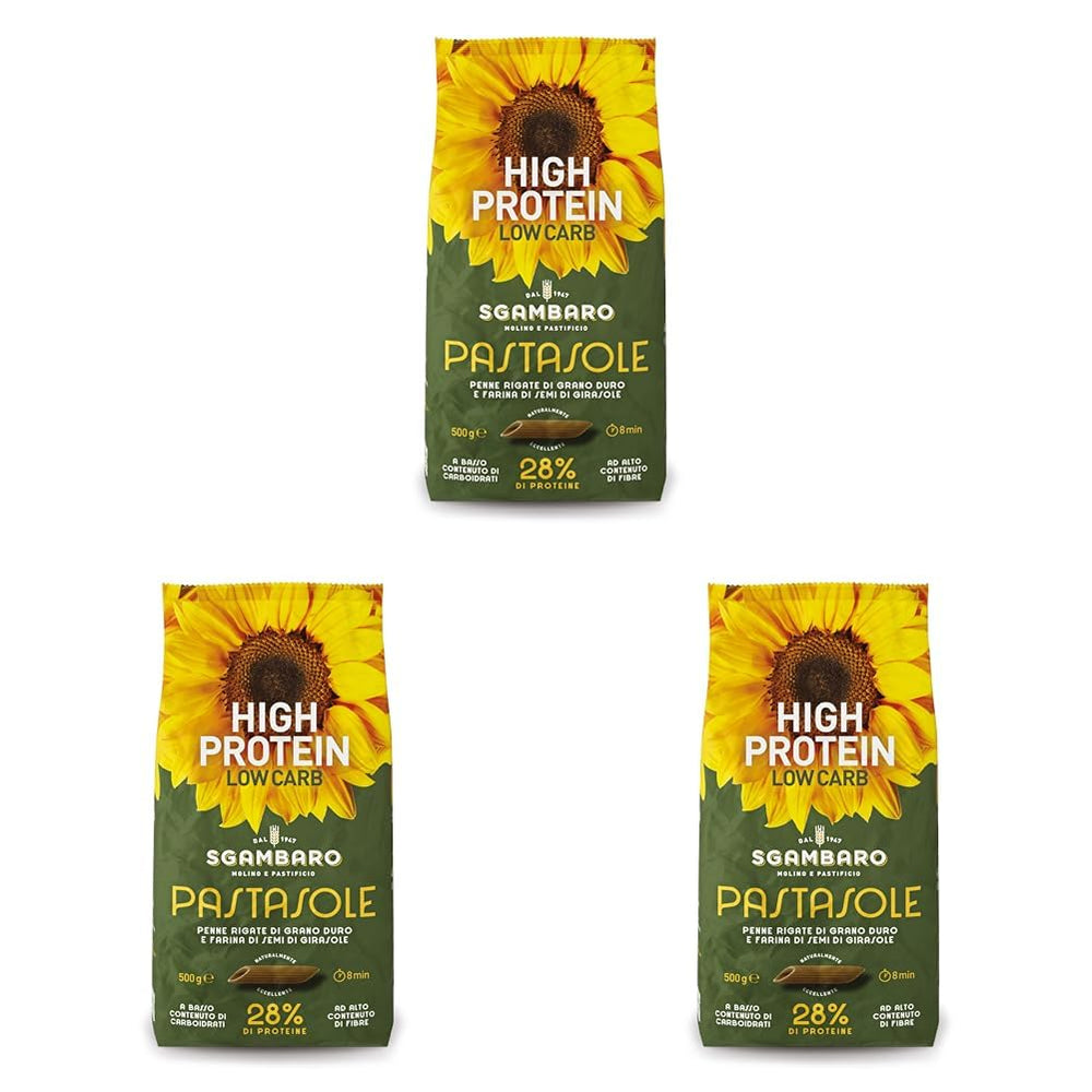 PASTASOLE, Penne Rigate se 100% krupicí z tvrdé pšenice vypěstované v Itálii a moukou ze slunečnicových semínek - 500 g - Vysoký obsah bílkovin, nízký obsah sacharidů, vysoký obsah vlákniny (balení 3 ks)
