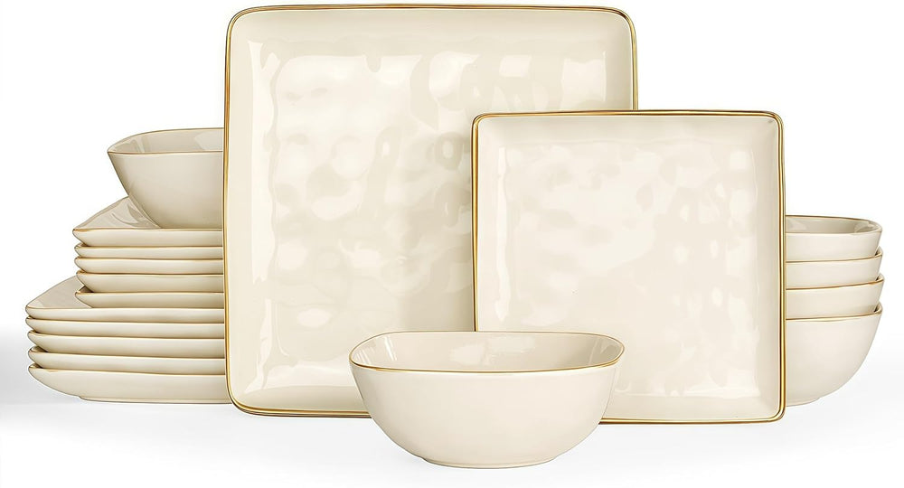 Set de veselă din gresie pentru 6 persoane, seria Ocean, set de veselă pătrată cu 18 piese, set de farfurii, serviciu combinat cu glazură reactivă, veselă rezistentă la zgârieturi, bej