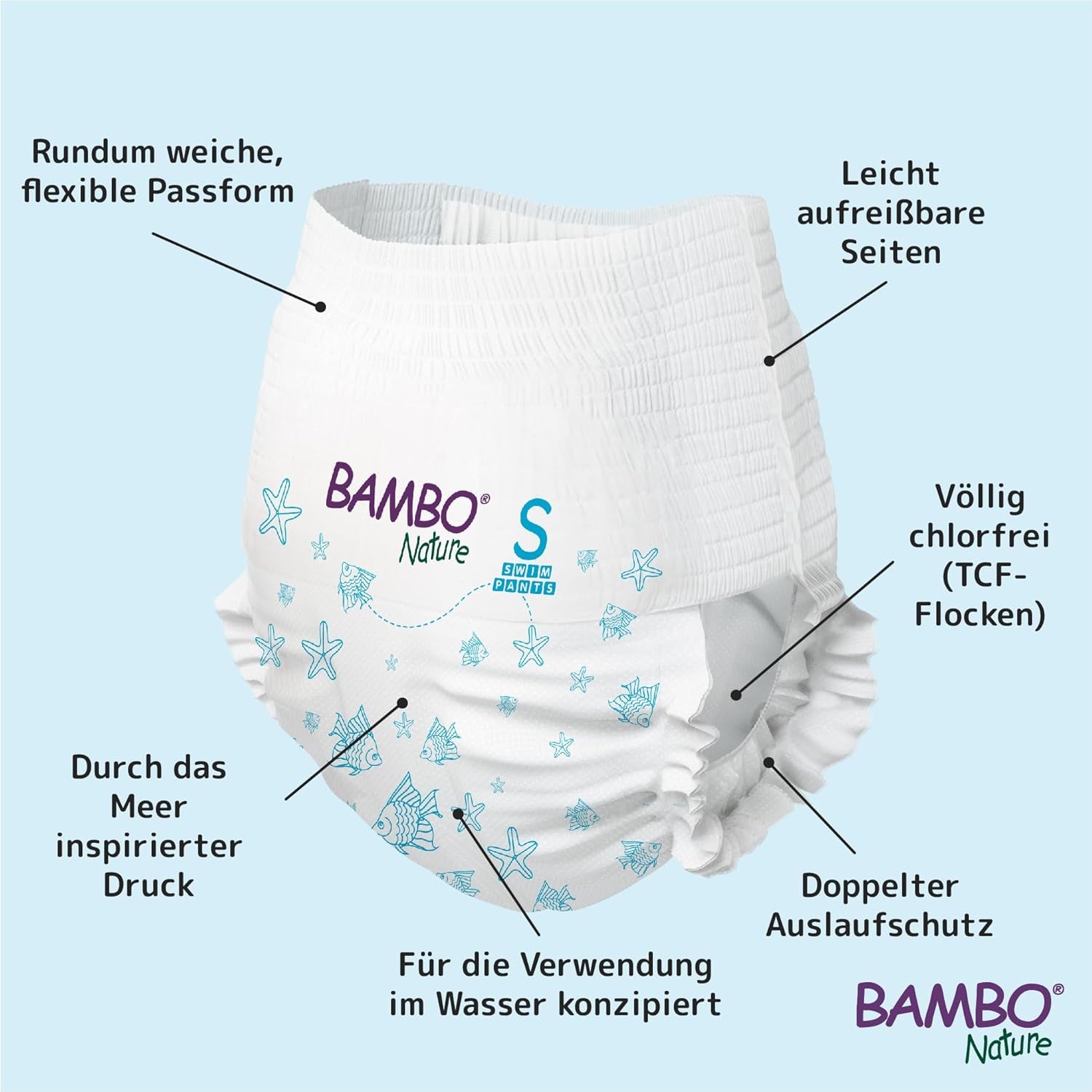 Dětské plenky Bambo Nature, velikost S (7-12kg), 12 plen | Jednorázové plenky Secure Fit | Vodotěsný komfort při hraní ve vodě