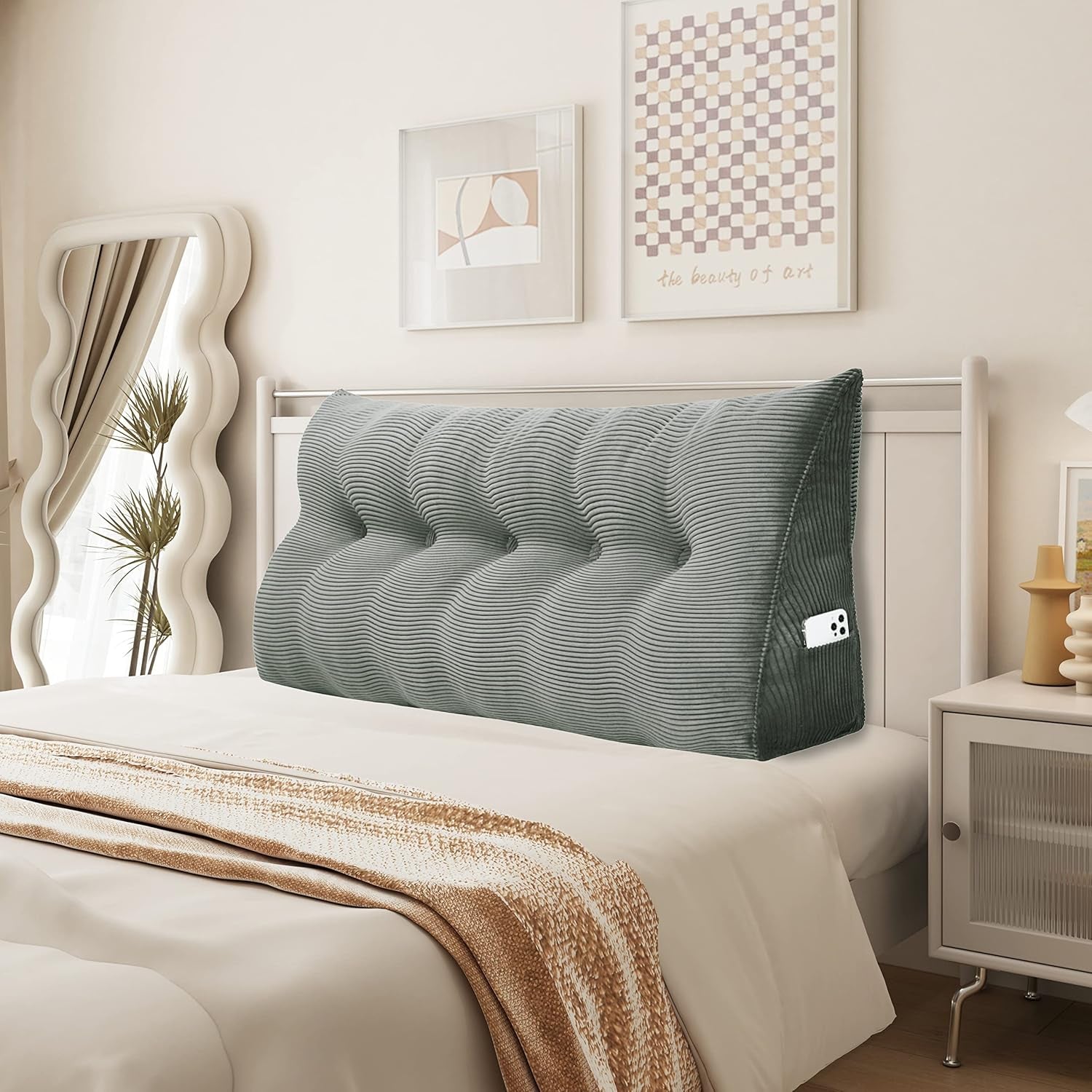 Pernă Johnear cu pană, pernă de citit pentru pat și canapea, pernă pentru spătar, pernă pentru tăblie, pernă lombară triunghiulară mare (gri, 45 cm)