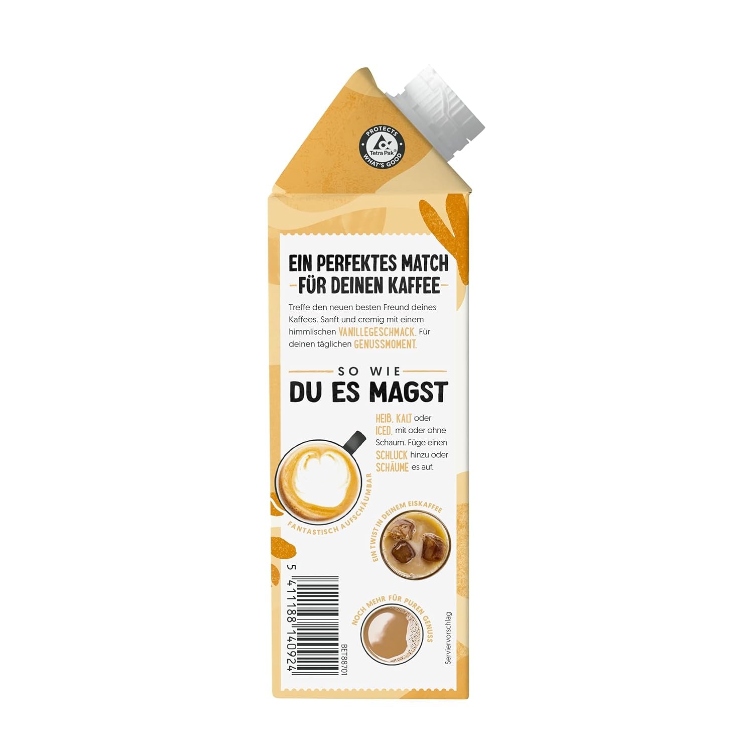 Alpro Barista Vanille – Zum Aufschäumen – Von Natur aus laktosefrei – Reich an Ballaststoffen, Calcium und Vitaminen – 8 x 750 ml – Haltbar