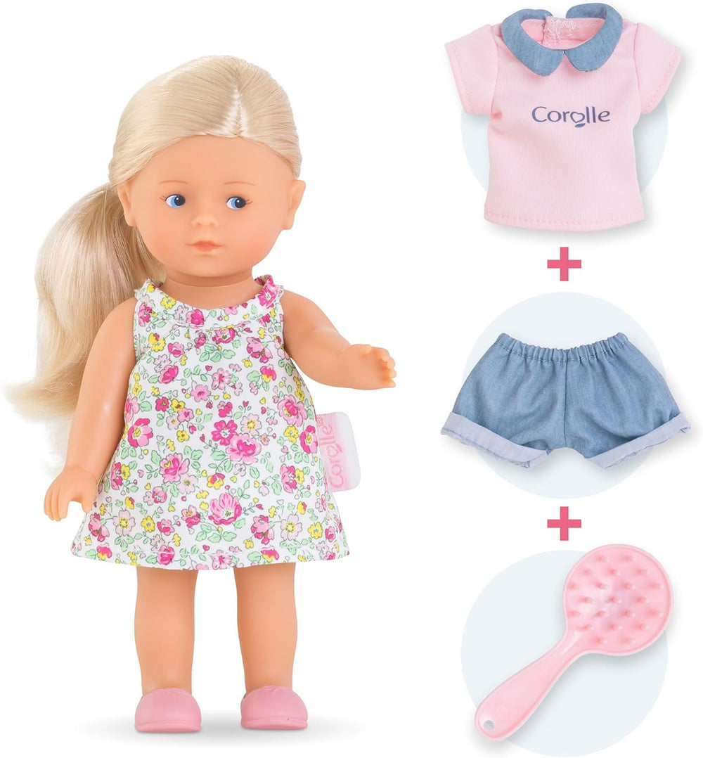 Sada Les Trends Corolline Rosy Miniwelt, Vollvinylpuppe mit langem Haar, Bürste, extra Outfit v Geschenkbox, 4 kusy, Vanilleduft, 20 cm, ab 3 Jahren