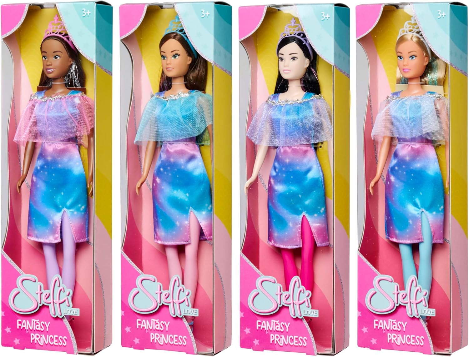 Simba Steffi Love Fantasy Princess, 4 culori asortate, livrat doar un articol, păpușă prințesă cu pelerină și dungi strălucitoare, 29 cm, vârste 3+