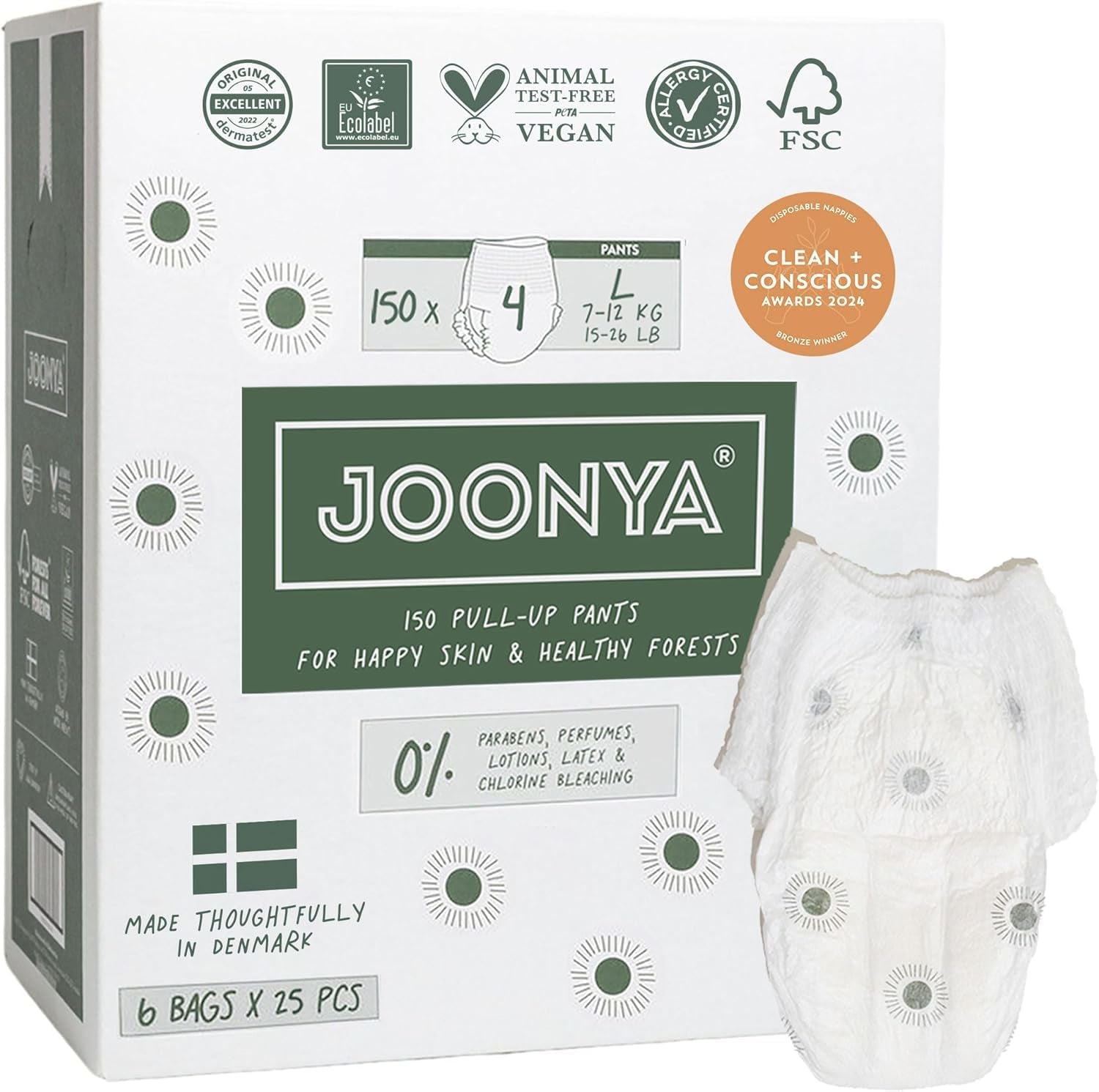 Scutece push-up, mărimea 4 L (7-12 kg) - 1 pungă cu 25 de bucăți - Fără substanțe nocive, ecologice, ultra-plate, pentru utilizare nocturnă - Fabricate în Danemarca