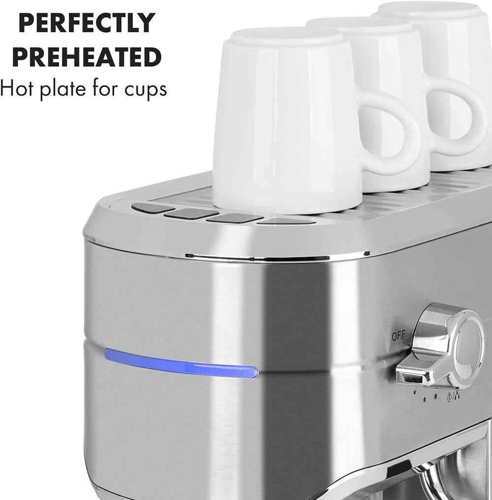 Klarstein Futura Espressor, Espressor cu Filtru Portabilă, 1450 W, 20 bar, Calitate Barista, Duză Dublă, Stop debit, Espressor cu Filtru Portabilă, Funcție de Spumare a Laptelui, Argintiu