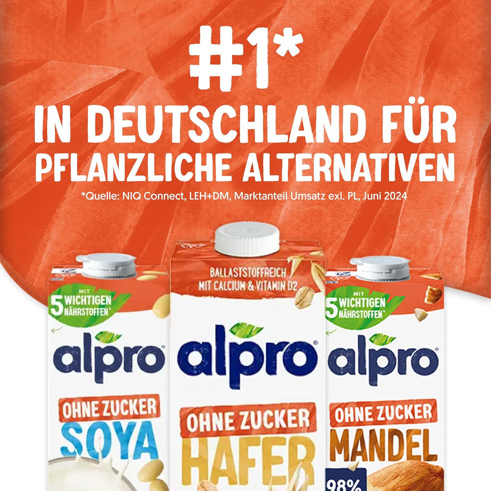 Alpro Haferdrink ohne Zucker – Milchalternative auf Haferbasis – Vegan und Lactosefrei – Bohaté na balastní látky, vápník a vitamíny – 8 x 1 l