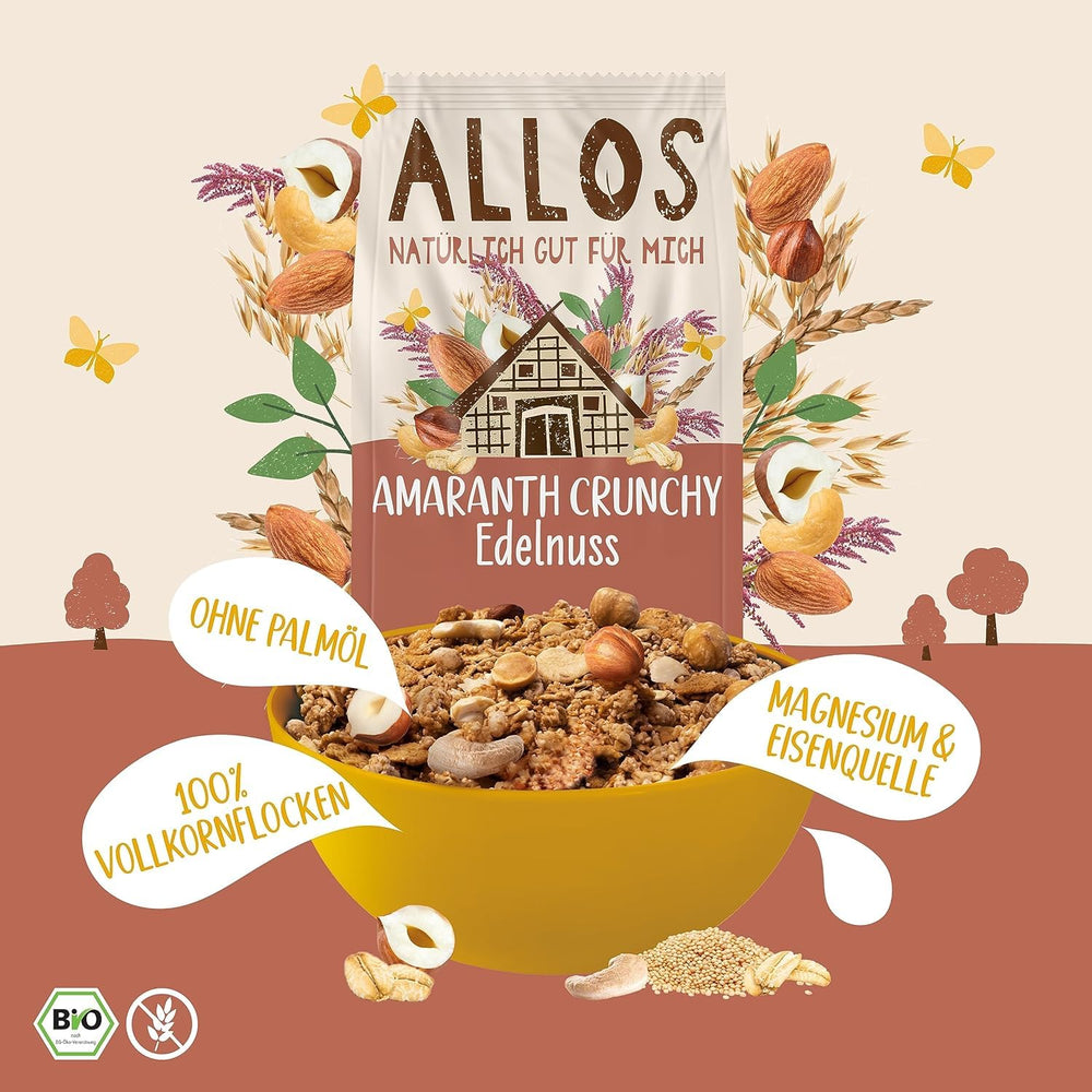Prémiové křupavé müsli s vlašskými ořechy a amarantem Allos | Bio müsli | Müsli s ořechy | Ovesné vločky | Cereálie k snídani | Vegan | Balení po 6 kusech (6 x 400 g)