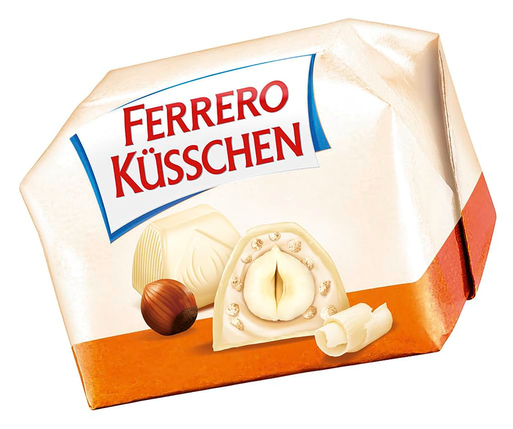 Ferrero Küsschen White Crispy - Valentýnský dárek pro něj a pro ni - Křupavé pražené lískové oříšky ve světlém krému s křupavými lupínky, pokryté bílou čokoládou, 1 balení 20 kusů jednotlivých pralinek