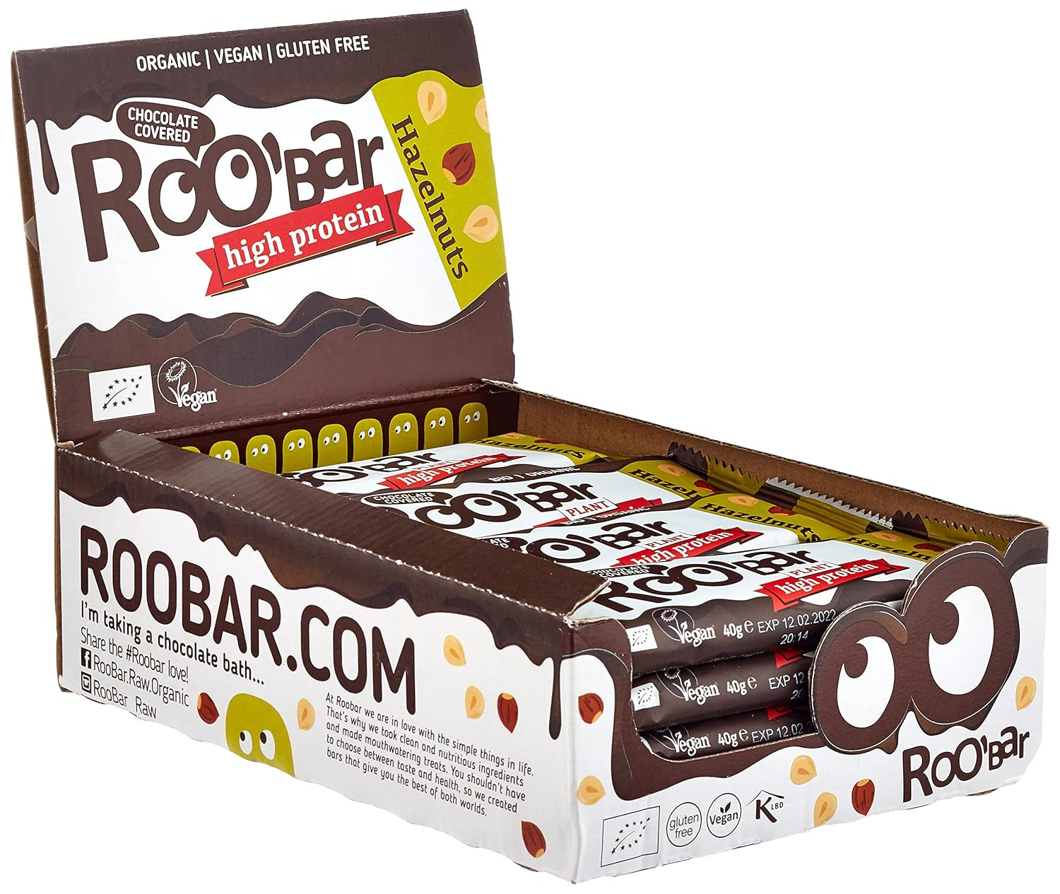 Tyčinky z lískových oříšků s vysokým obsahem bílkovin v čokoládě – 100% bio, veganské, ovocné tyčinky, bez mléka, bez lepku, bez rafinovaného cukru – 16 tyčinek x 40 g