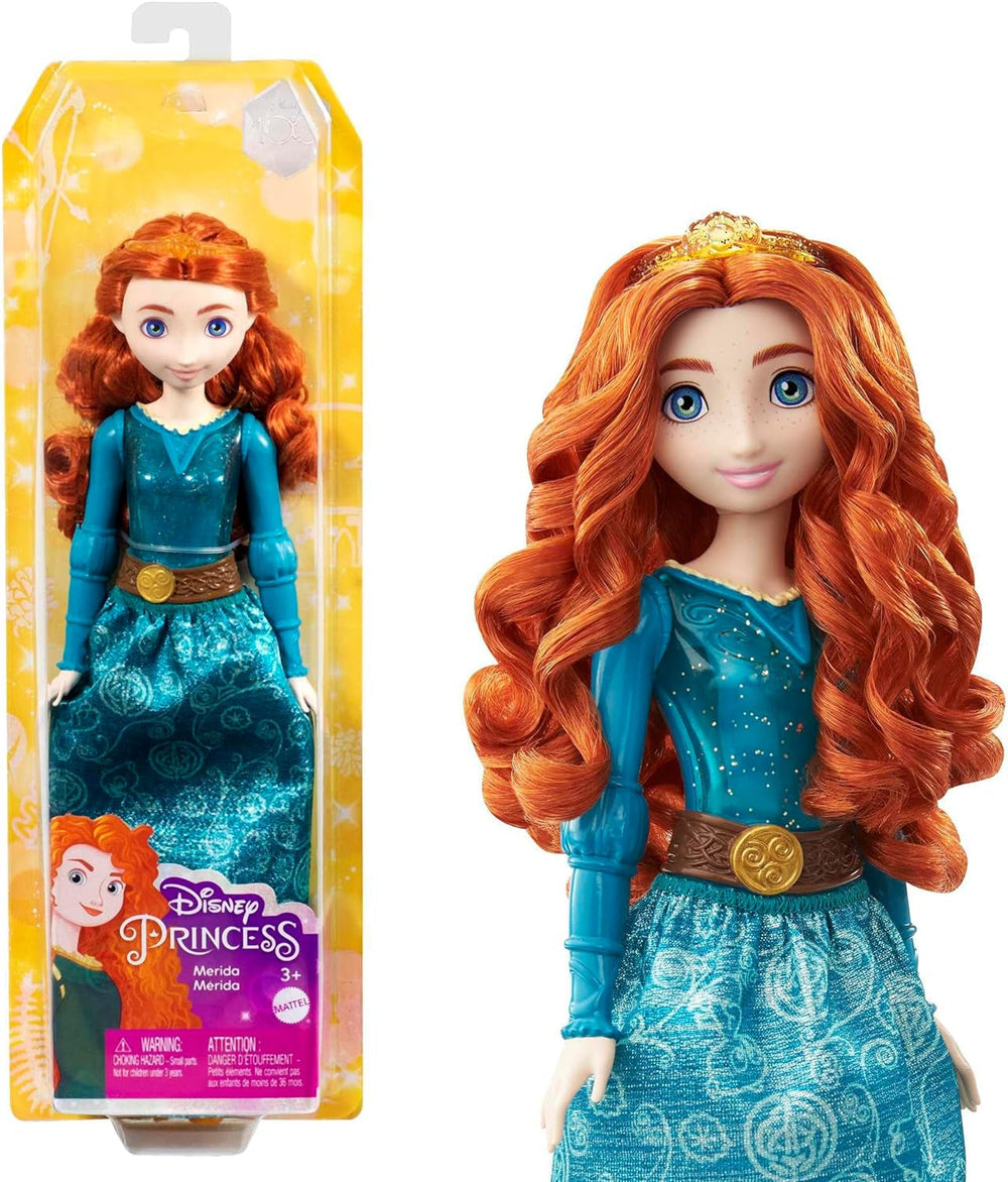Mattel DISNEY Princess Aurora – panenka s typickým outfitem, odnímatelné boty a diadém, třpytivý top a odepínatelná vzorovaná sukně, dlouhé stylové vlasy, HLW09 Naty Shop panenky Merida