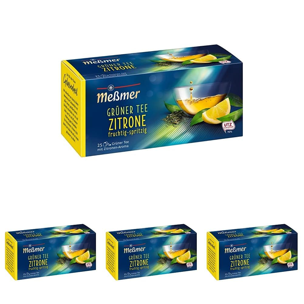 Ceai verde cu lămâie Meßmer I 25 pliculețe de ceai I Vegan I Fără gluten I Fără lactoză (pachet cu 4)