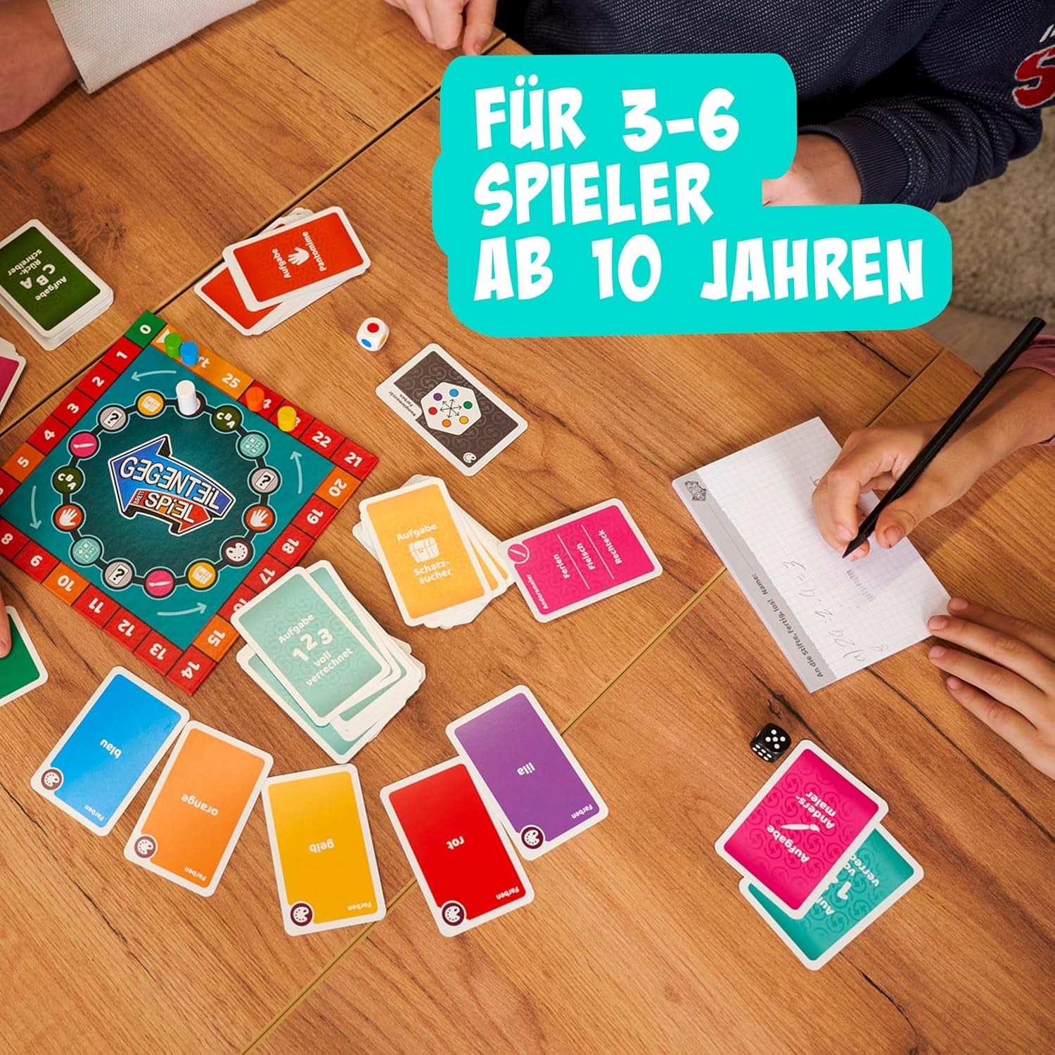 Noris 606062080 - Gegenteil Spiel (Brettspiel od 10 Jahre) - kombinierbar mit dem Kartenspiel - verrücktes Konzentrationspiel für Kinder und Erwachsene für 3-6 Spieler