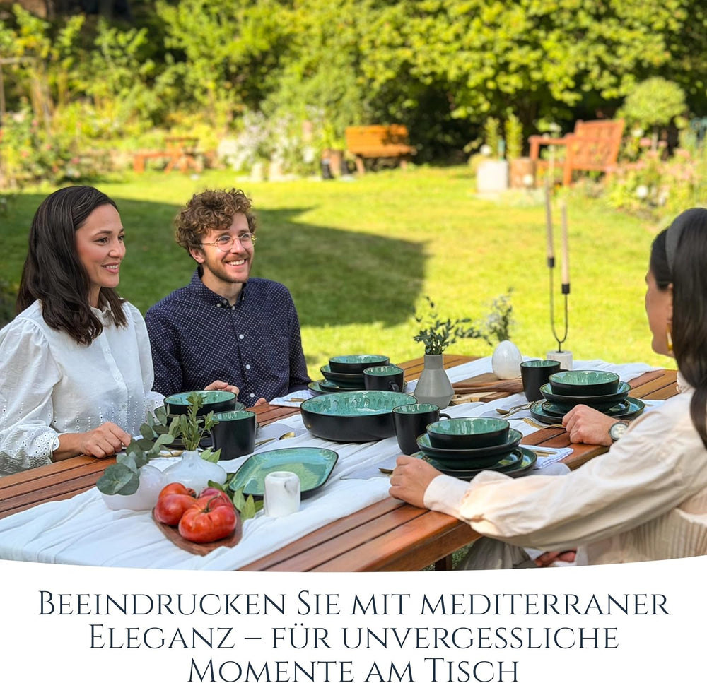 Set de veselă din gresie ceramică, format din 24 de piese, pentru 6 persoane, design Ibiza, CÂȘTIGĂTOR AL TESTULUI. Un set de veselă mediteraneană superb, inclusiv boluri și farfurii. Set de veselă Pure Living, verde salvie.