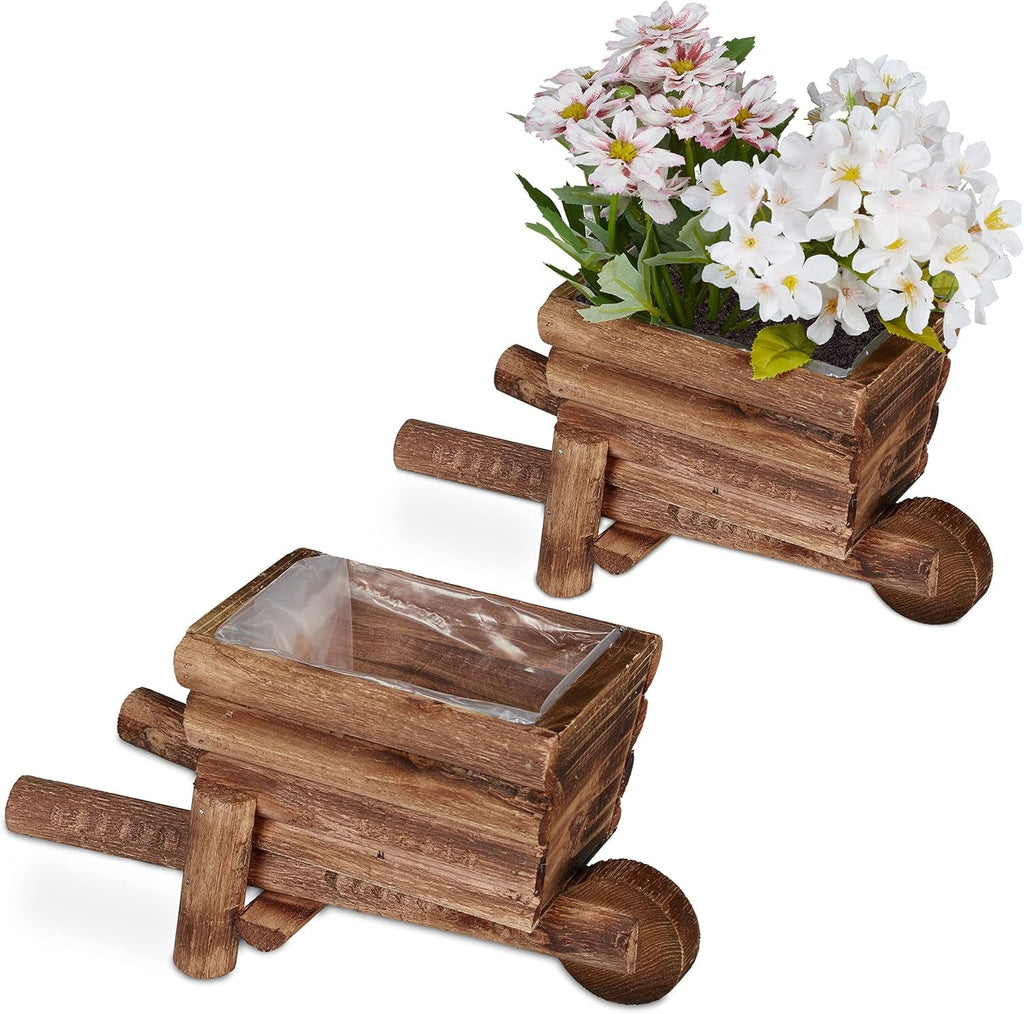 Roabă de plantat Relaxdays, Set de 2, Decorațiune de grădină, Î x l x A: 12,5 x 26 x 12 cm, Cărucior cu flori pentru plantare, Lemn, Natural