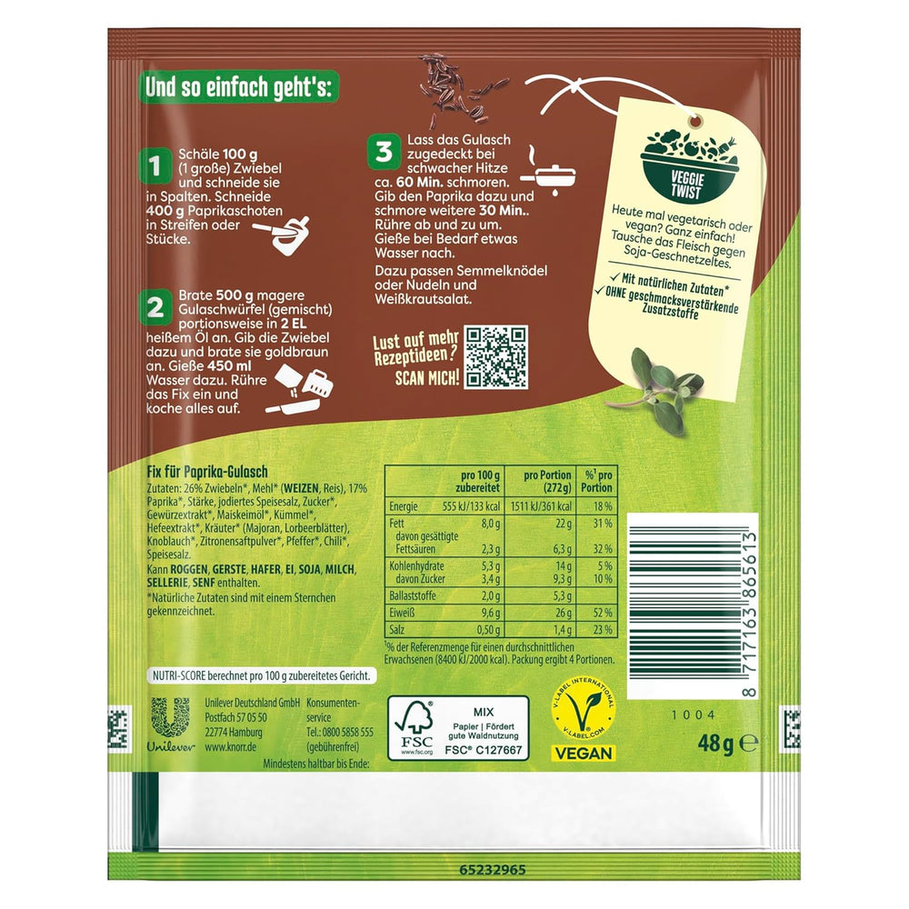 Knorr Fix Würzmischung Paprika-Gulasch für eine leckeres Fleischgericht mit natürliche Ingredient 4 Porce