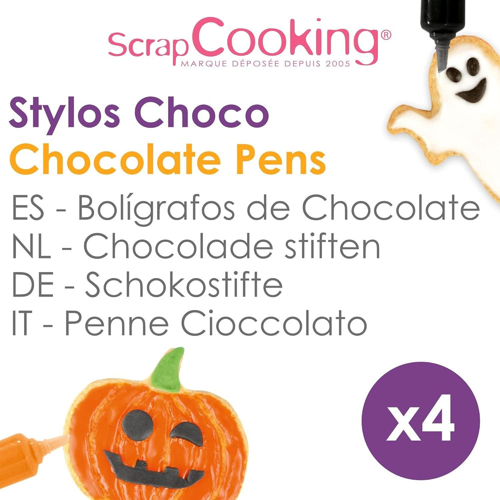 Scrapcooking – sada 4 halloweenských čokoládových per – černá, oranžová, fialová a bílá, pište a kreslete na dezerty, dorty a sušenky Naty Shop