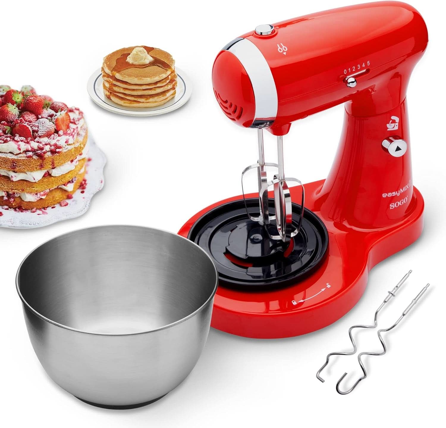 SS-14506 Küchenmaschine, Mixer Und Mixer 3-In-1 Mit Drehschüssel, Stäbchen Und Haken Zum Kneten Aus Edelstahl, 5 Geschwindigkeiten, 3,2 l (Rot) Mother and Child Naty Shop
