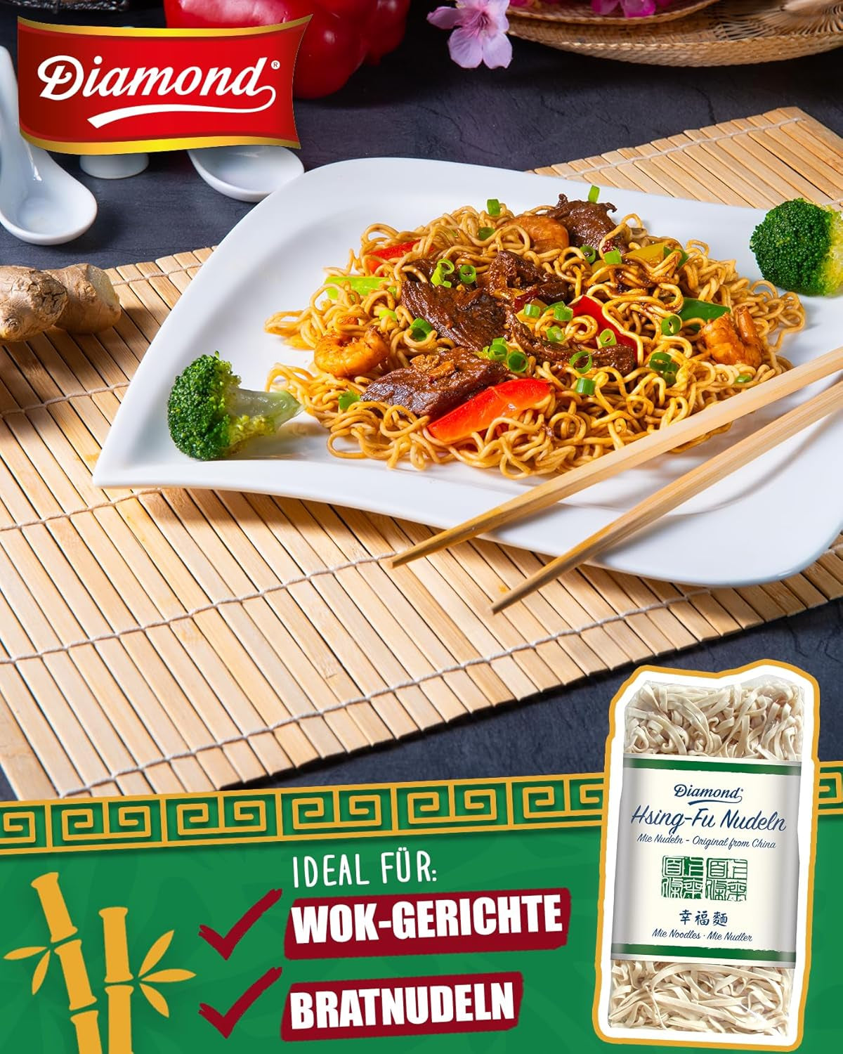 DIAMANTOVÉ nudle Hsing-Fu, Mie Asijské nudle z pšeničné mouky pro wok a wok smažená jídla - 12 x 250 g