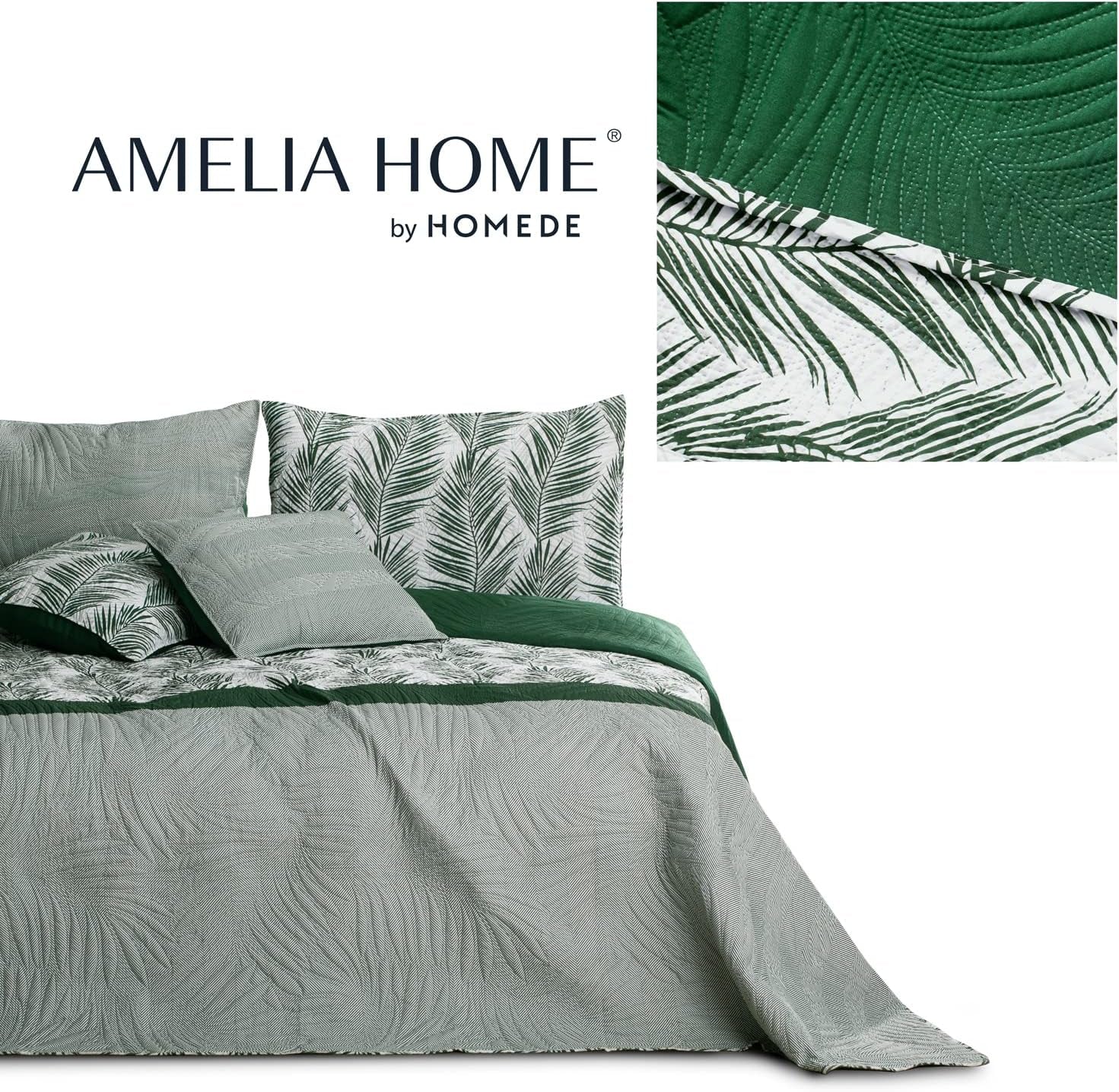 Ameliahome Přehoz na postel Přehoz na postel 170X210 Cm Oboustranný Přehoz na postel se snadnou údržbou Vzor rostlin Zelená Bílá Tropické Postele Bonaire a přikrývky Besuche den AmeliaHome-Store