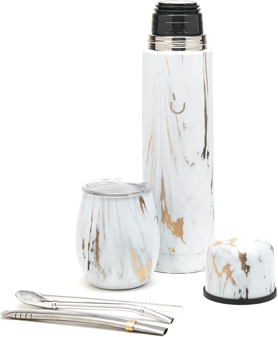 Set complet Balibetov Yerba Mate – Calabash modern, sticlă izolată, bombilla și perie de curățare incluse în livrare – Toate din oțel inoxidabil 304 18/8 de calitate premium (lemn)