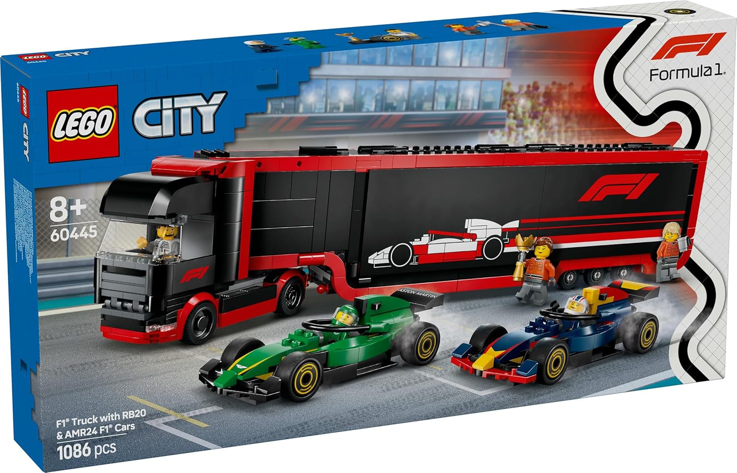 LEGO City F1 Transporter se závodními auty F1 RB20 a AMR24 - Transportér autíček pro týmy Red Bull a Aston Martin Formule 1 - vč. 5 minifigurek – dárek pro chlapce a dívky od 8 let 60445 Stavebnice Besuche den LEGO-Store