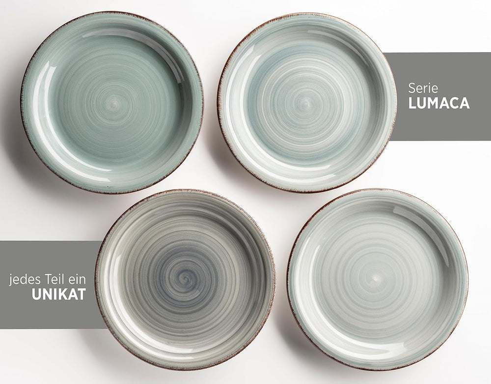 Set de veselă MÄSER pentru 6 persoane, aspect vintage modern, serviciu de masă cu 12 piese, pictat manual, albastru, gresie, albastru fumuriu (Bel Tempo II)
