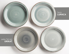 Set de veselă MÄSER pentru 6 persoane, aspect vintage modern, serviciu de masă cu 12 piese, pictat manual, albastru, gresie, albastru fumuriu (Bel Tempo II)
