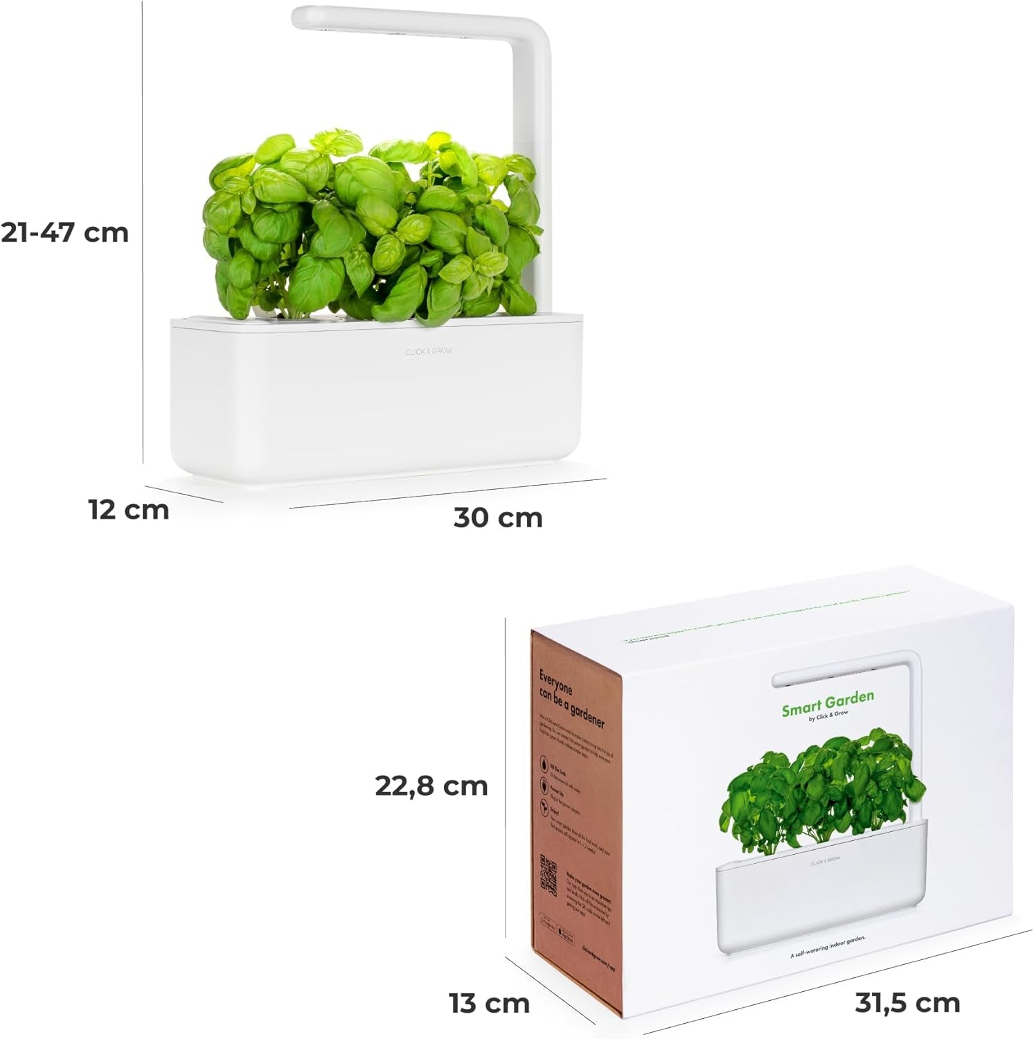 Click and Grow Growbox, chytrá zahrada, jednodušší než hydroponický systém pěstování, vnitřní zahrada, bylinková zahrada, vnitřní skleník se 3 rostlinnými kapslemi v ceně, bílá