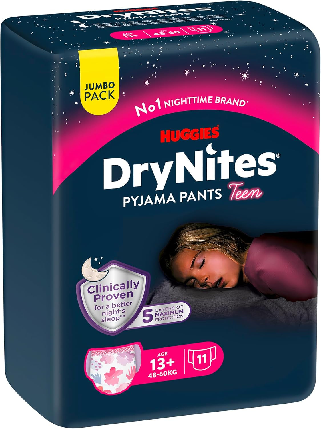 Noční noční pomočování Huggies DryNites pro dívky 13-přibližně 17 let (48-60kg) Počet 33 (3 x 11) Jumbo měsíční balení XL plenkové kalhotky