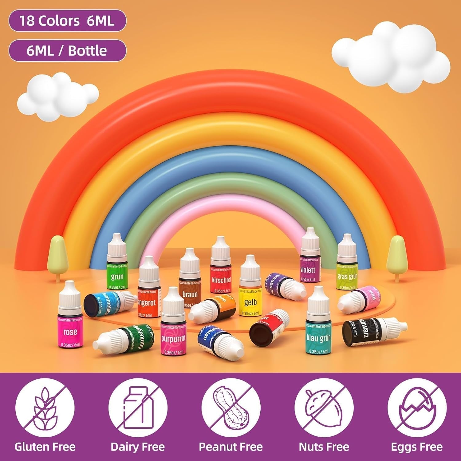 Potravinářské barvivo 18 barev x 6ml, tekuté potravinářské barvivo, sada potravinářských barviv, vypalovací barvy na zdobení dortů, potravinářské barvivo na dorty, makarony, poleva, fondant, příslušenství pro domácí pečení