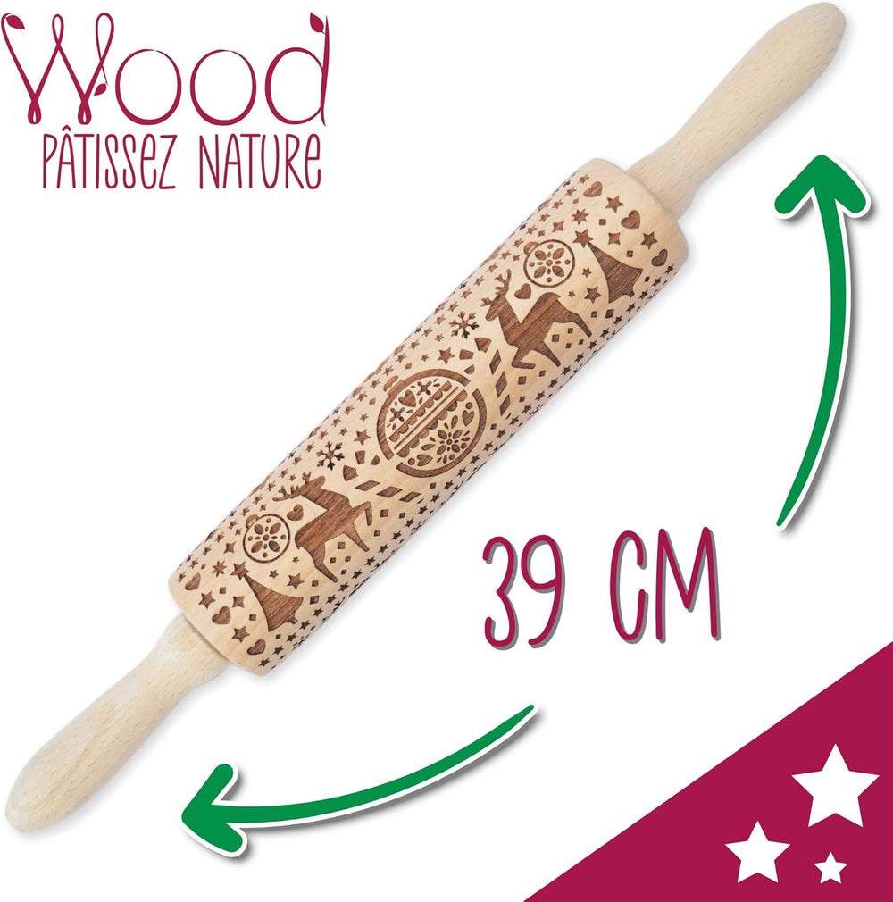 Vaření šrotu Teigrolle aus Holz "Xmas" mit weihnachtlichen Motiven – Prägerolle mit gepfragten Verzierungen für Kekse – dekorativní Zubehör – 5242