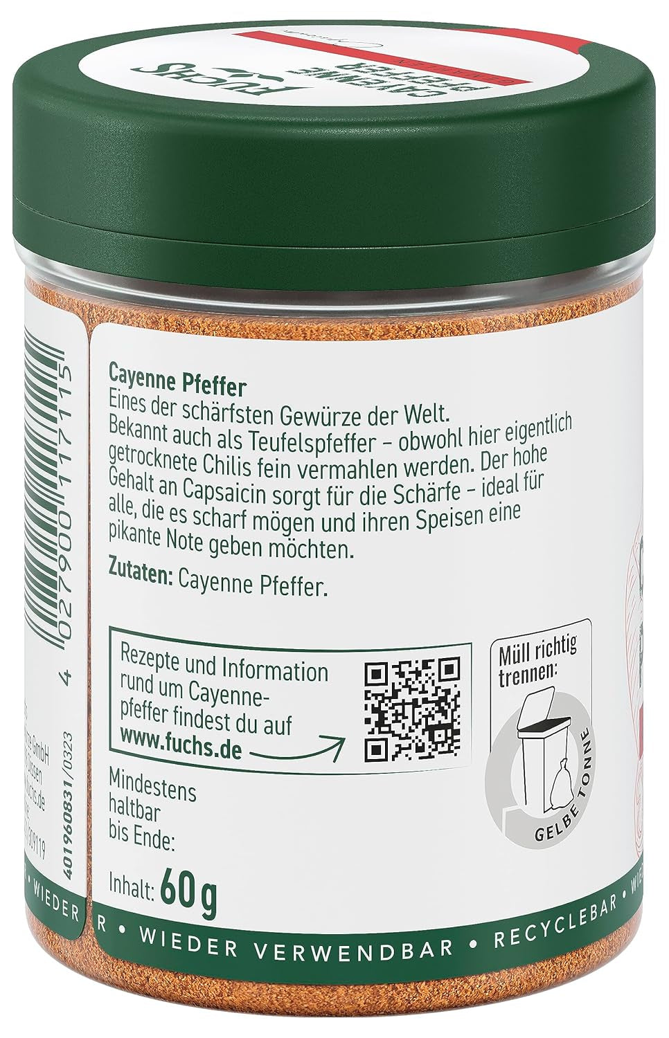 Fuchs Gewürze - Cayennepfeffer gemahlen - für einen scharfen Geschmack in allerlei Gerichten - natürliche Zutaten - 60 g in wiederverwendbarer, recyclebarer Dose