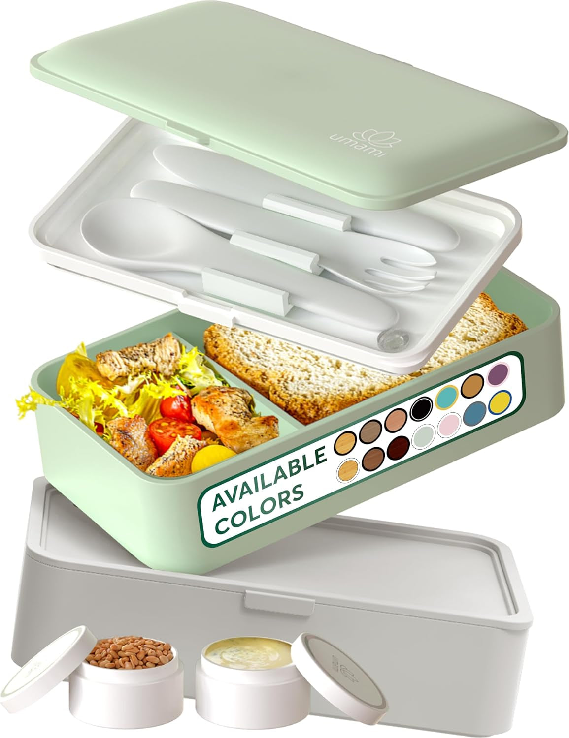 Cutie de prânz Umami pentru adulți, cutie bento stivuibilă etanșă cu 4 tacâmuri și compartimente, cutie de prânz pentru adulți, recipient pentru salată to-go, cutie de prânz pentru picnic / birou, gri cărbune, 1500 ml