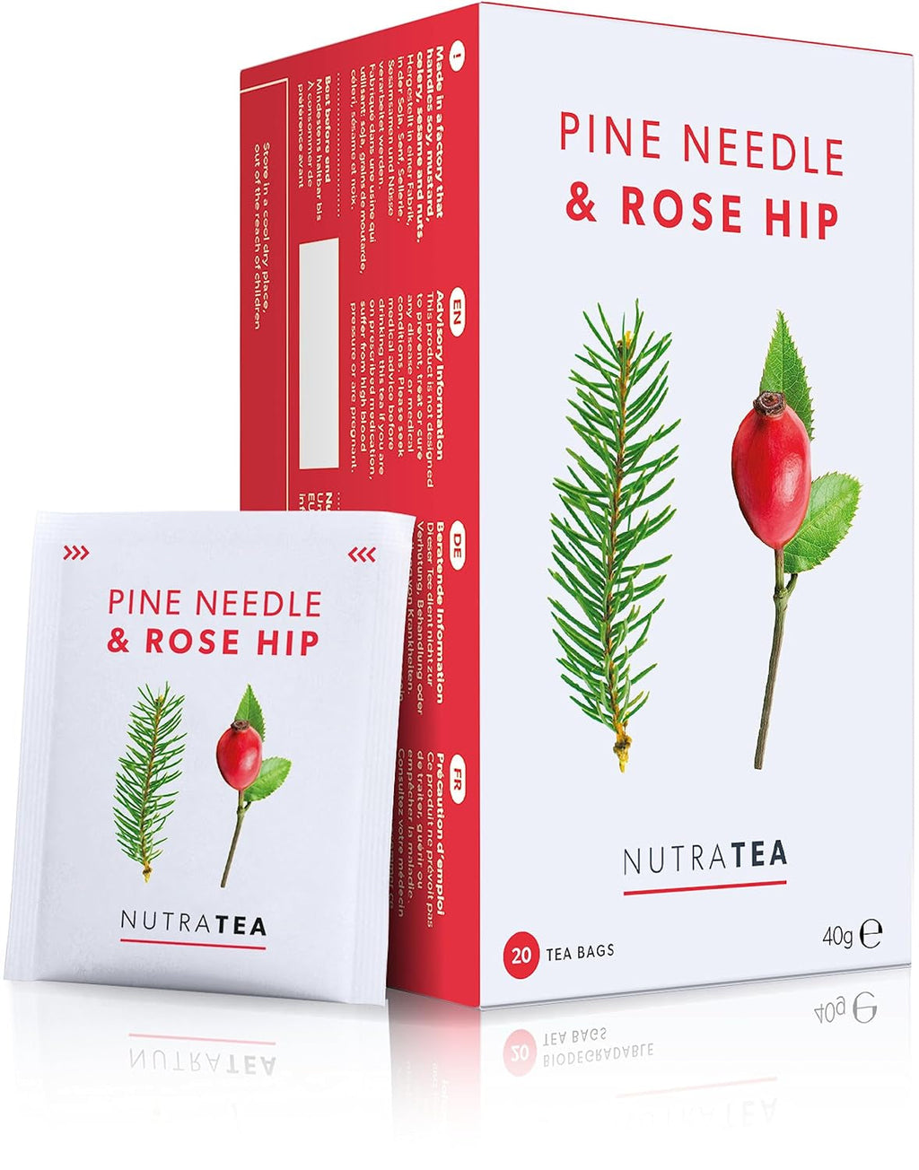 Nutra Tea Măceșe &amp; Ace de pin, ceaiul din ace de pin contribuie la întărirea sistemului imunitar natural al organismului, la menținerea funcției rinichilor și vezicii urinare, 20 pliculețe de ceai reutilizabile, ceai din măceșe