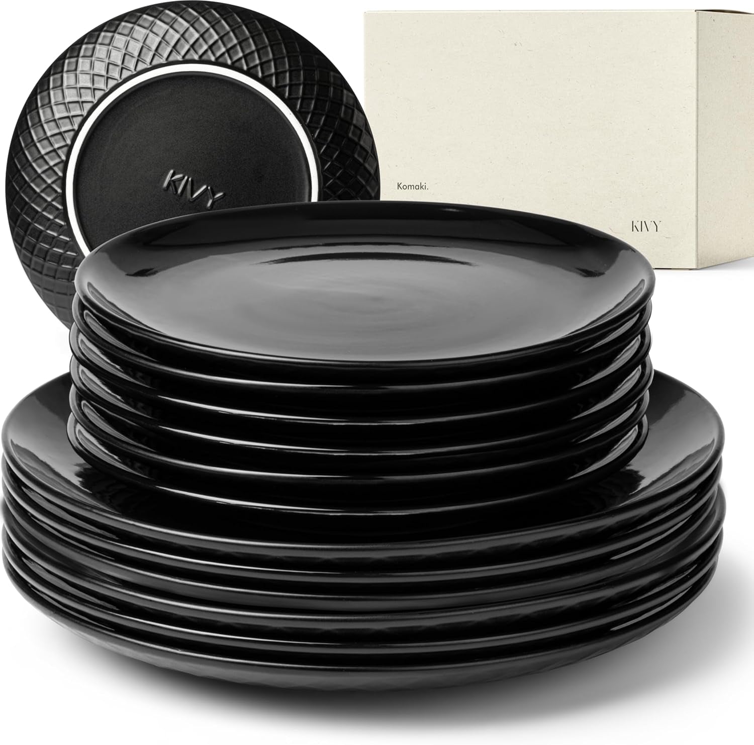 KIVY Geschirrset 6 Personen[Kratz & Spülmaschinenfest] 6x27cm + 6x22cm - Teller Set 12-teilig modern - Geschirr Set - Kombiservice - Geschirrset - Teller Set Schwarz - Teller Schwarz Matt