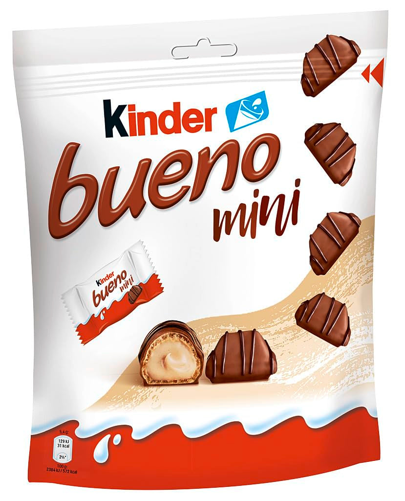 Kinder Bueno Mini – křupavé oplatkové čokoládové tyčinky, mléčná smetana a lískové oříšky a jemná mléčná čokoláda – karnevalové pochoutky – 1 sáček mini jednotlivě balených tyčinek (1 x 108 g)