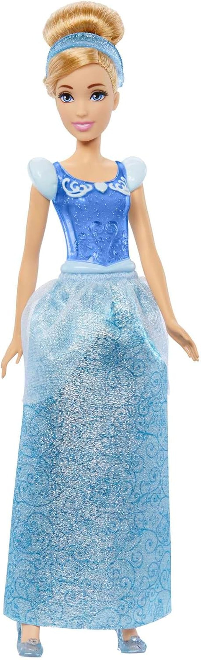 Mattel DISNEY Princess Cinderella - Păpușă mobilă cu costum strălucitor, pantofi și diademă detașabile, păr pieptănabil pentru distracție la coafor, pentru copii de la 3 ani în sus, HLW06 Papusi Naty Shop