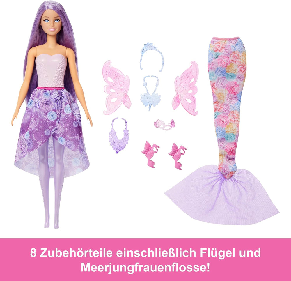 Păpușă Barbie 3 în 1, set de joacă cu 8 accesorii, inclusiv coadă de sirenă, aripi de zână, coliere regale, pantofi și multe altele pentru peste 10 look-uri diferite, JCP74