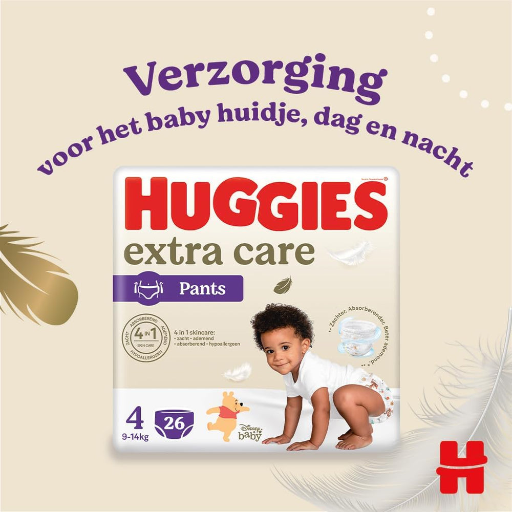 Pleny Huggies Extra Care Velikost 4 (9-14 kg), 4 svazky po 26 plenkách - 4280 g