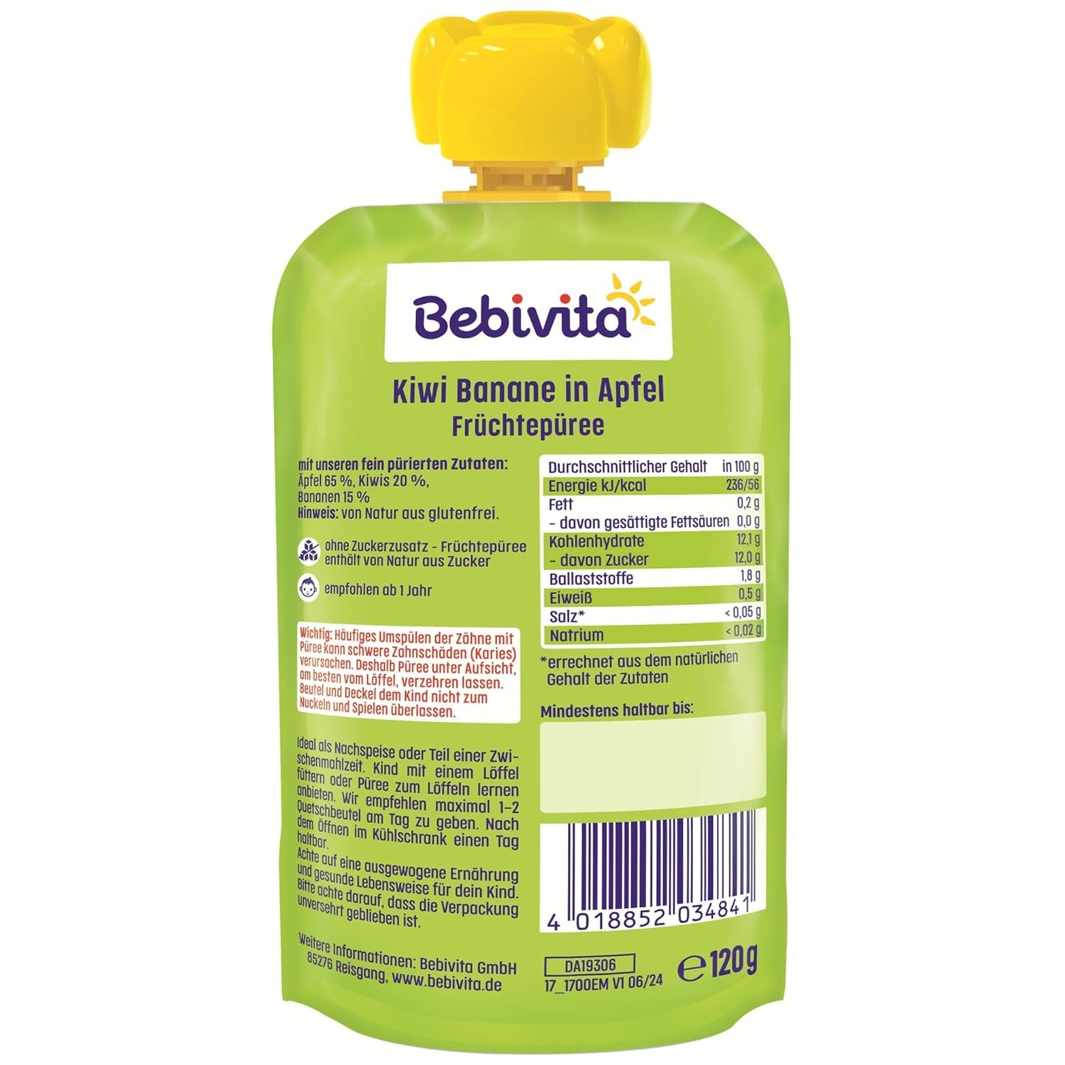 Kiwi Banány v jablečném quetschie (6 x 120 g), ohne Zuckerzusatz, glutenfrei, ideální pro svačinu a vlastní svačinu