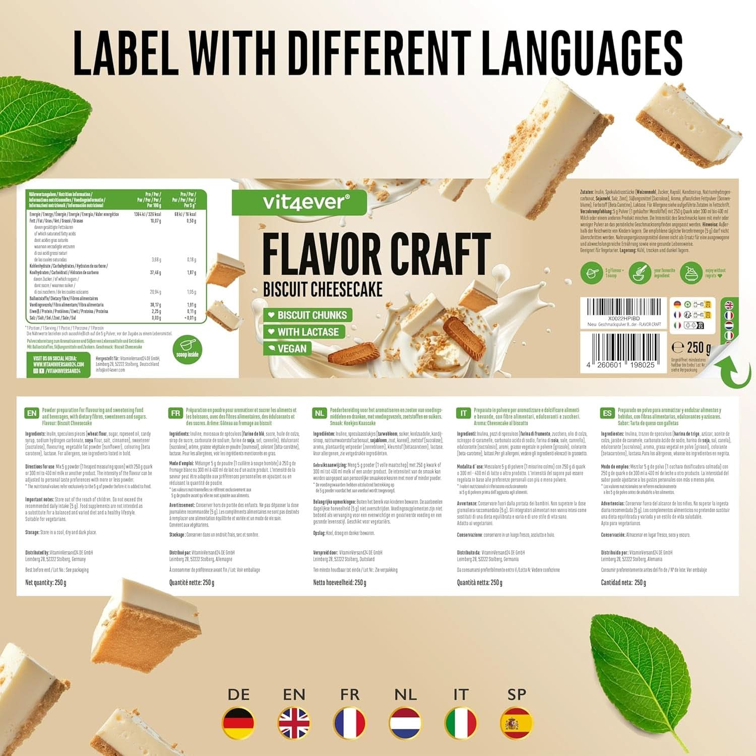 Prášek s příchutí biscuit Chessecake se spoustou kousků - 250 gramů Naty Shop Flavors