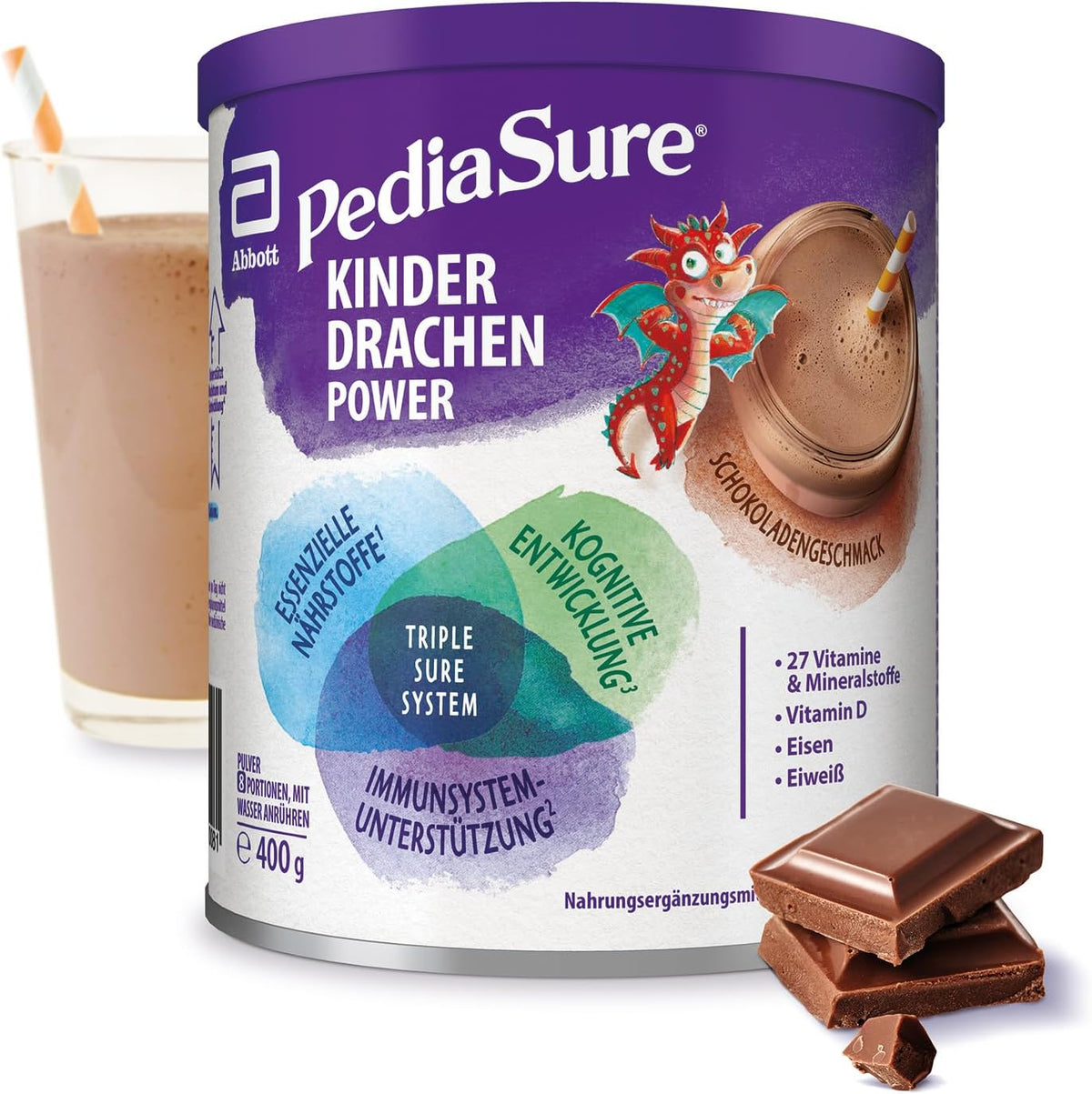 Pediasure Kids Dragon Power Chocolate 400g | Lahodný shake jako doplněk výživy pro děti od 1 roku | S 27 vitamíny a minerály, proteiny a komplexem tripleure | Balení se může lišit