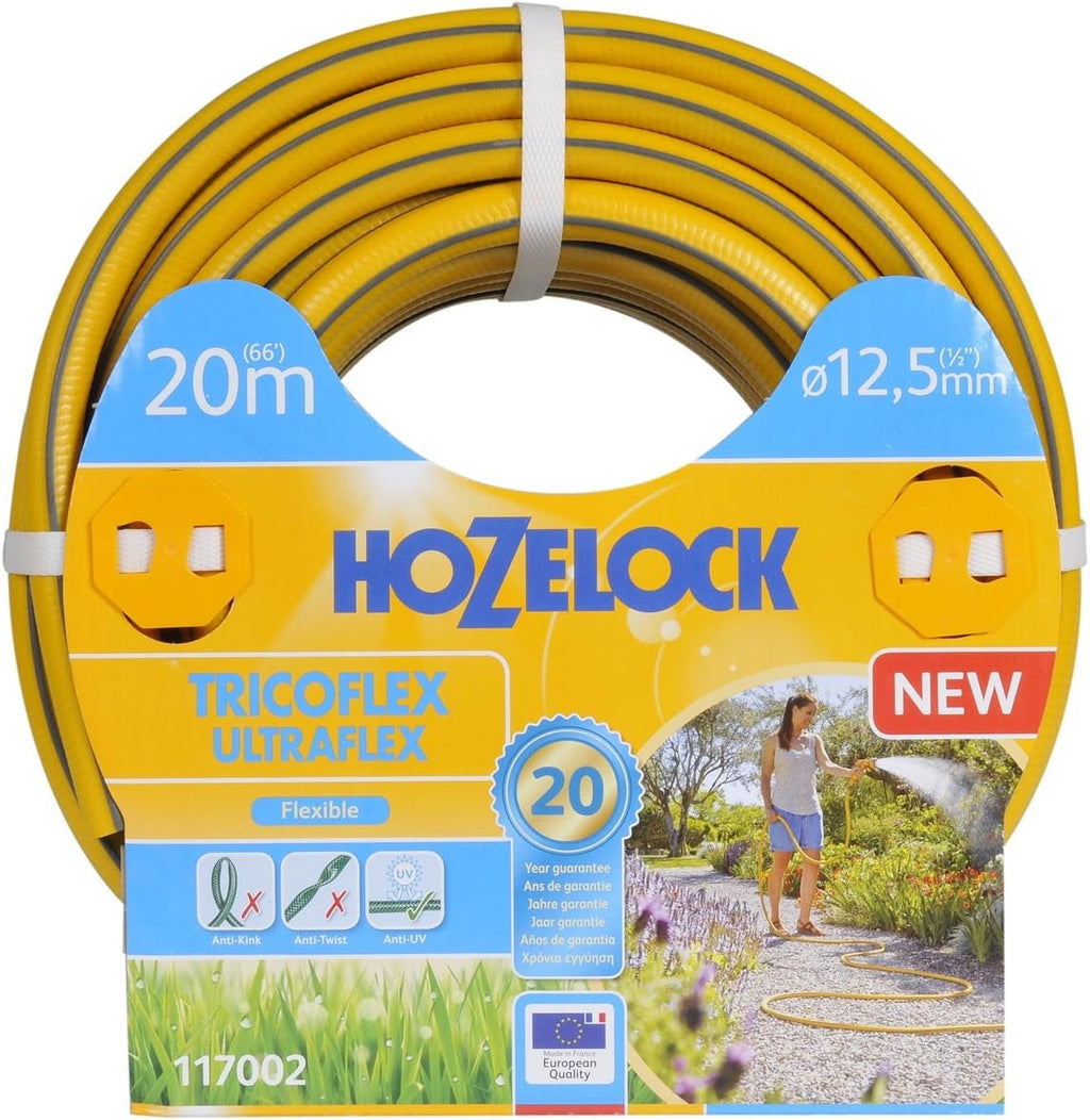 HOZELOCK - Furtun Tricoflex Ultraflex Ø 12,5 mm (1/2") 20 M: Furtun flexibil de grădină, rezistent la intemperii, la răsucire și îndoire, fabricat din 40% PVC reciclat [117002], galben