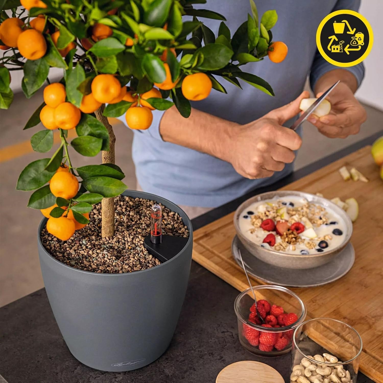 Ghiveci LECHUZA Classico Color ECO 35 Gri Deschis cu Sistem de Udare și Indicator al Nivelului de Apă | Fabricat din Plastic 100% Reciclat | Finisaj Mat | Ø 34,5 x 32,5 cm | 18930