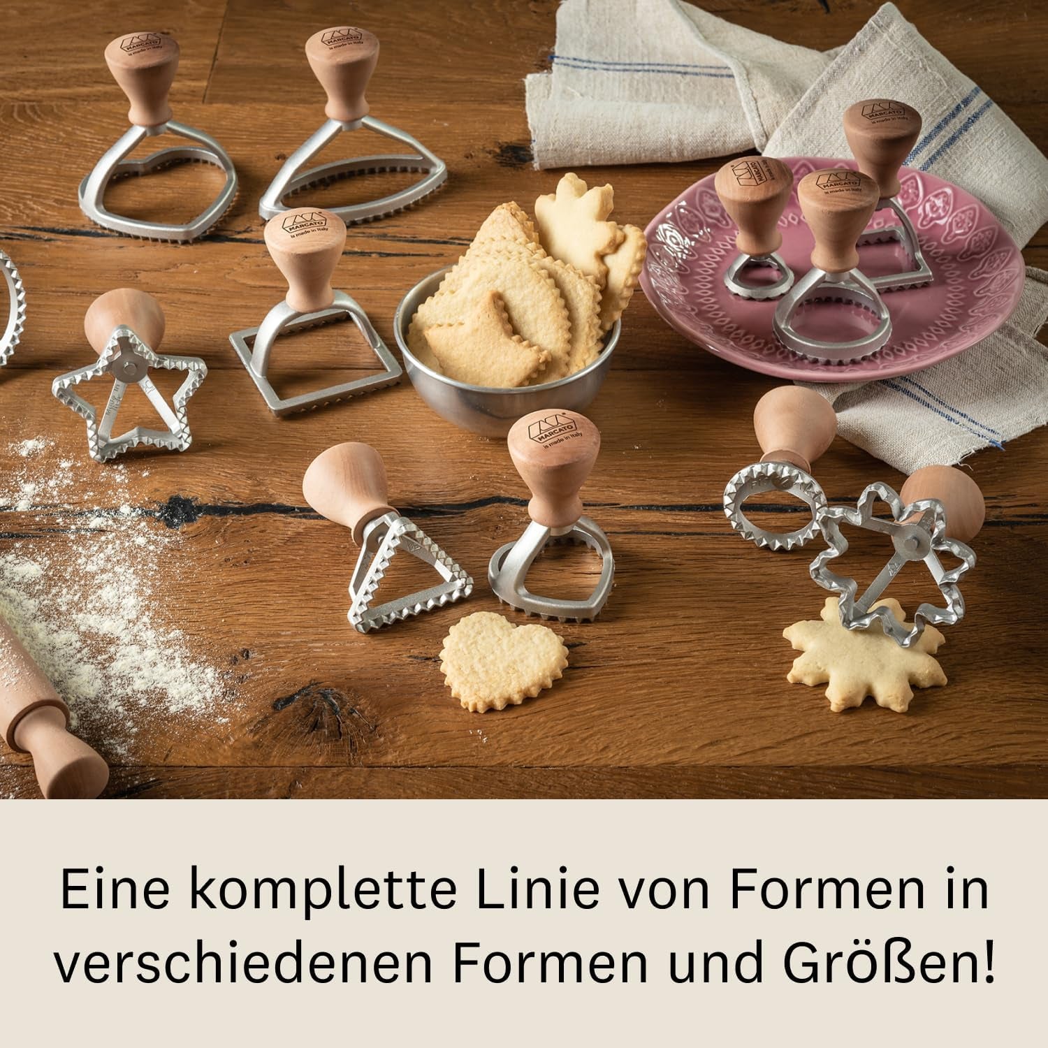 MARCATO Formă de ravioli și fursecuri, Aparat de ravioli, Forme de fursecuri, Lemn masiv și aluminiu turnat, Fabricat în Italia, Ștampilă rotundă de 58 mm