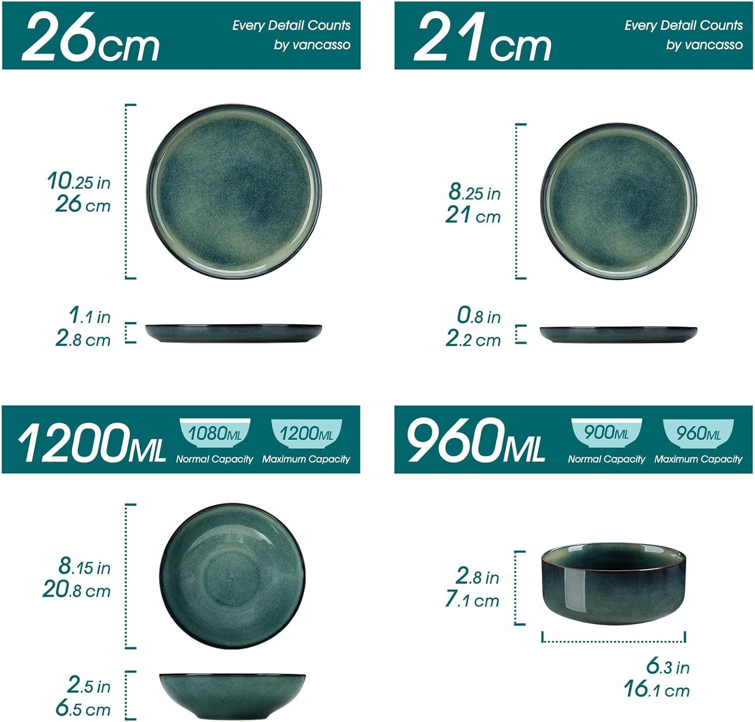 Set de veselă modern pentru 6 persoane, set de veselă din gresie Vancasso STARRY cu 24 de piese, set combinat verde, serviciu de cină pentru 6 persoane, inclusiv farfurii de cină, farfurii de desert, farfurii de supă și boluri pentru cereale