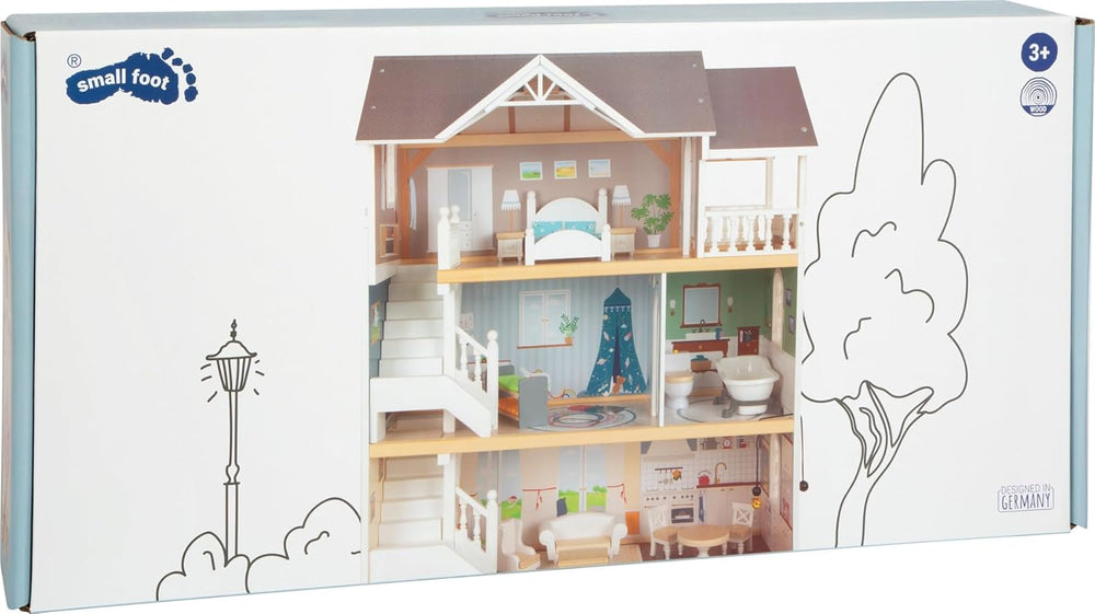 Casă de păpuși din lemn Small Foot, cu 3 etaje, față deschisă și 12 piese de mobilier, pentru copii cu vârsta de la 3 ani în sus, 11802, alb gri