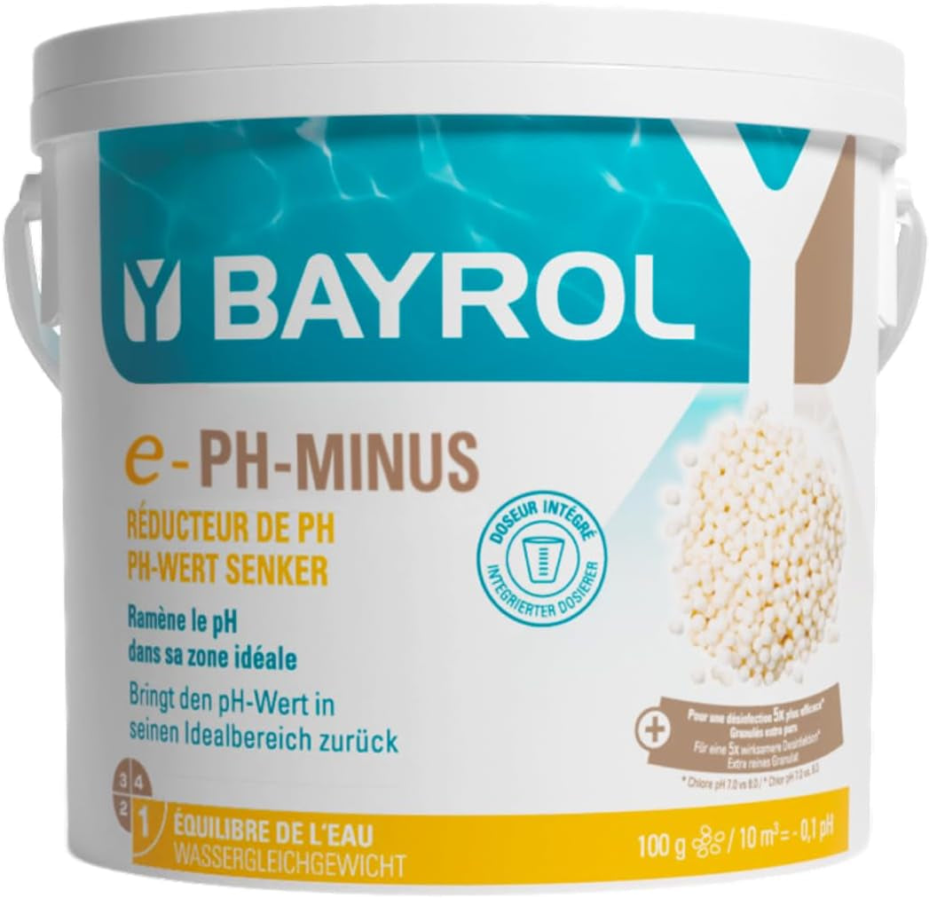BAYROL e-pH-Minus granule 6 kg - rychle a efektivně redukuje nadměrně vysoké hodnoty pH v bazénech - snadné dávkování přímo do vody - včetně dávkovače - reduktor pH - úprava pH pro bazény