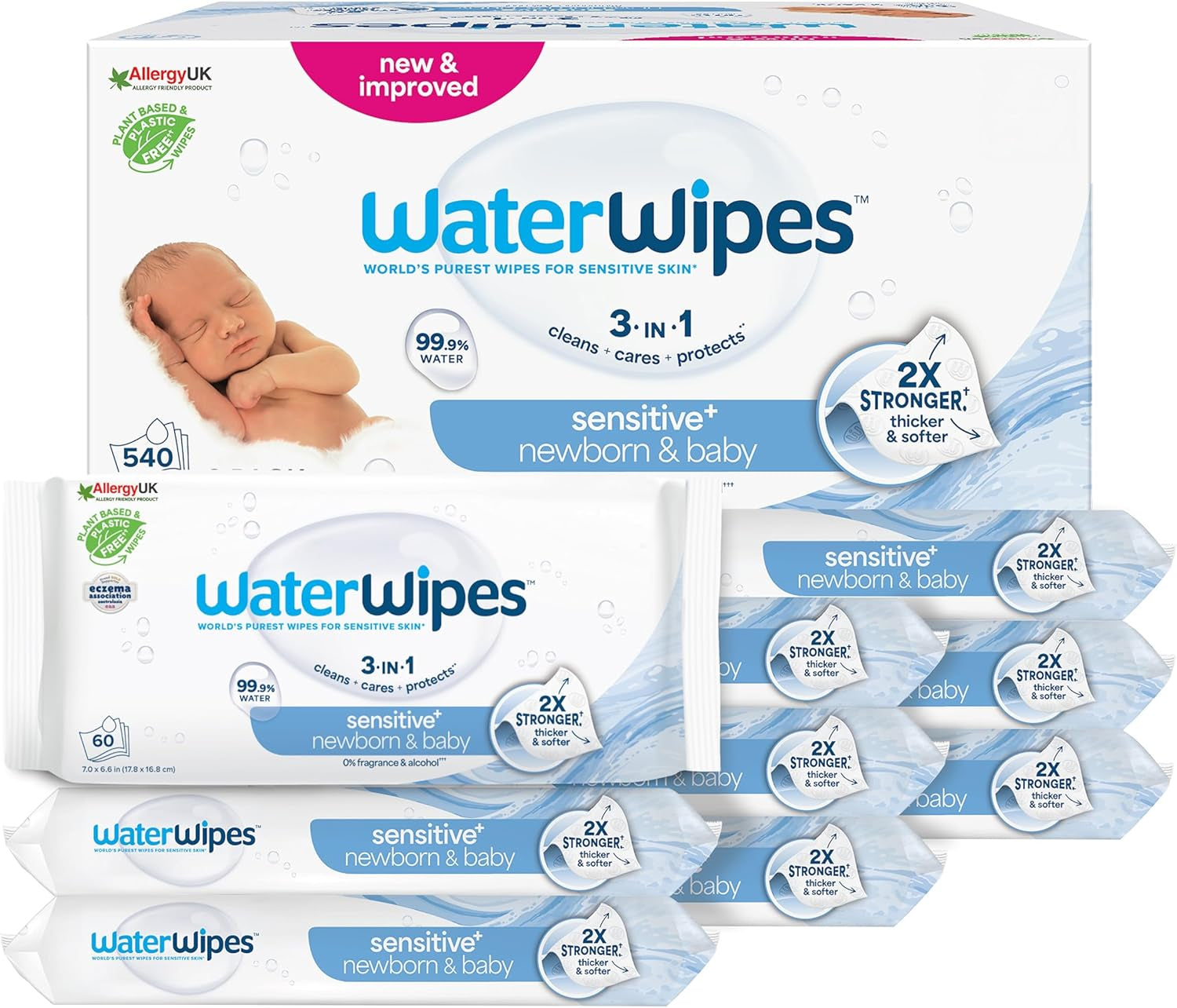 WaterWipes Sensitive+ vlhčené ubrousky pro novorozence a děti v počtu 240 (4 balení) 3 v 1 čištění, péče, ochrana, 99,9 % vody, bez parfemace