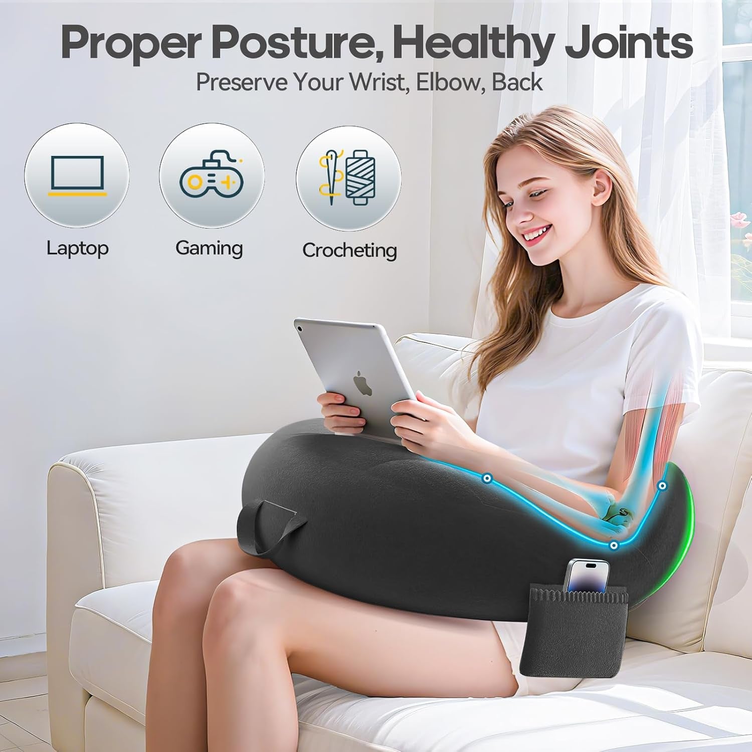 Pernă de gaming și citit, pernă de citit pentru stat pe pat/canapea/podea, pernă de hrănire/croșetat cu pernă de gaming mare și ergonomică, pernă de gamer pentru iPad/laptop - Negru